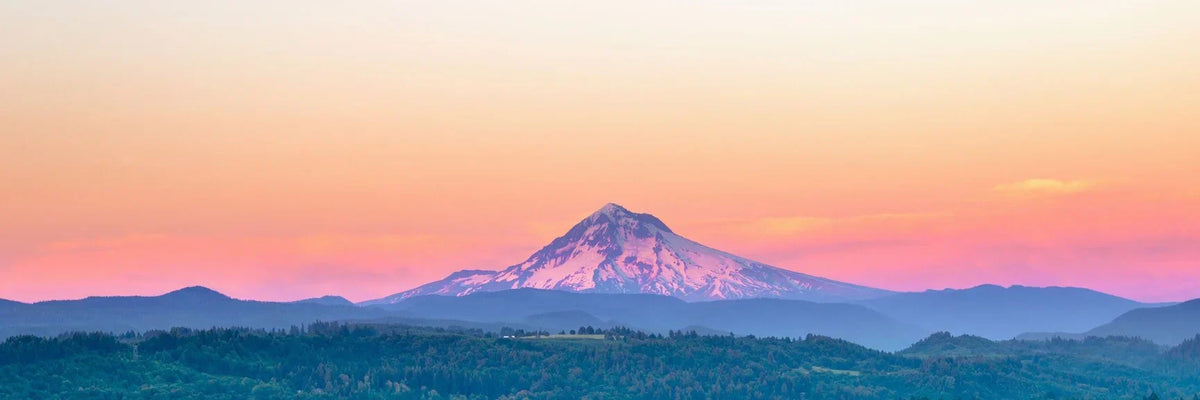 Snow-capped conical peak of Mount Hood against pink orange sunset sky