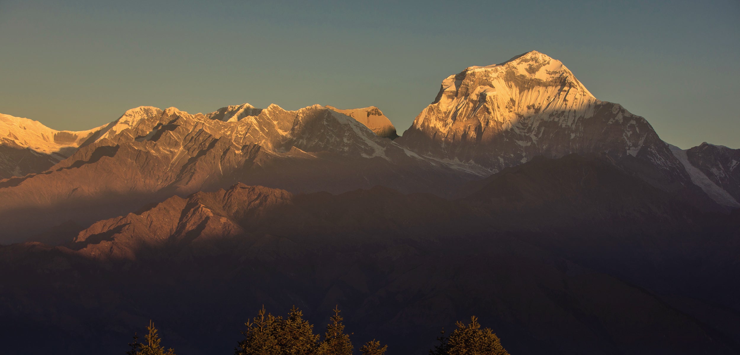 A sunlit mountain range in Nepal with snow-capped peaks. The tops of trees are visible in the foreground.