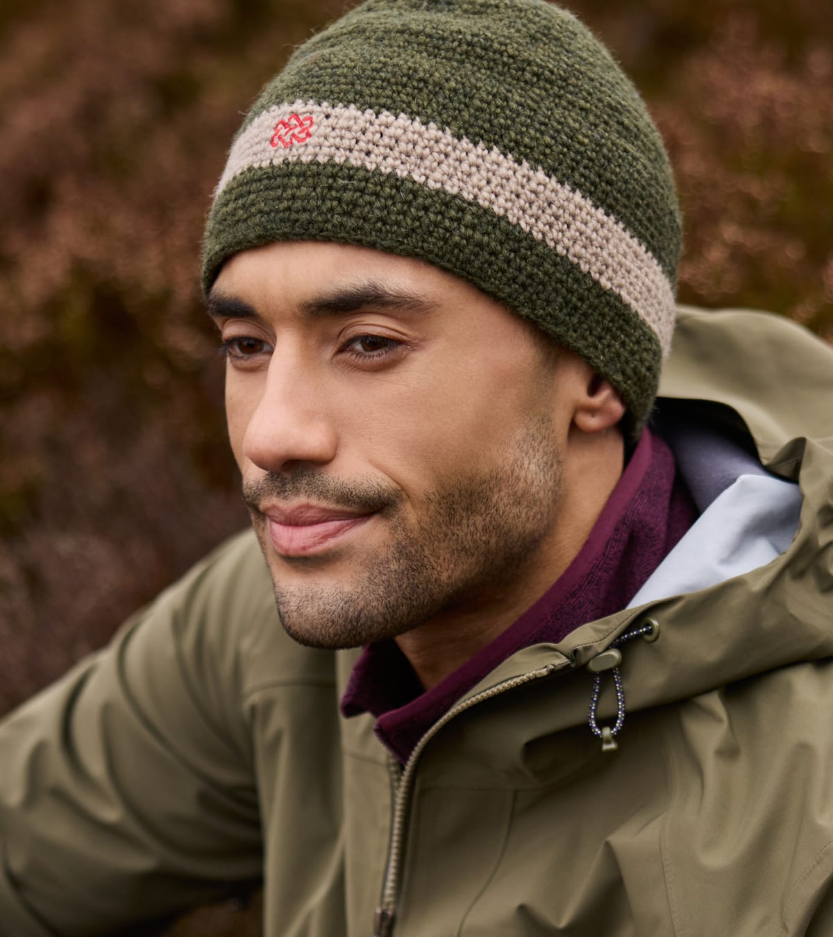 A close-up of a man wearing an olive green knit beanie with a beige horizontal stripe.