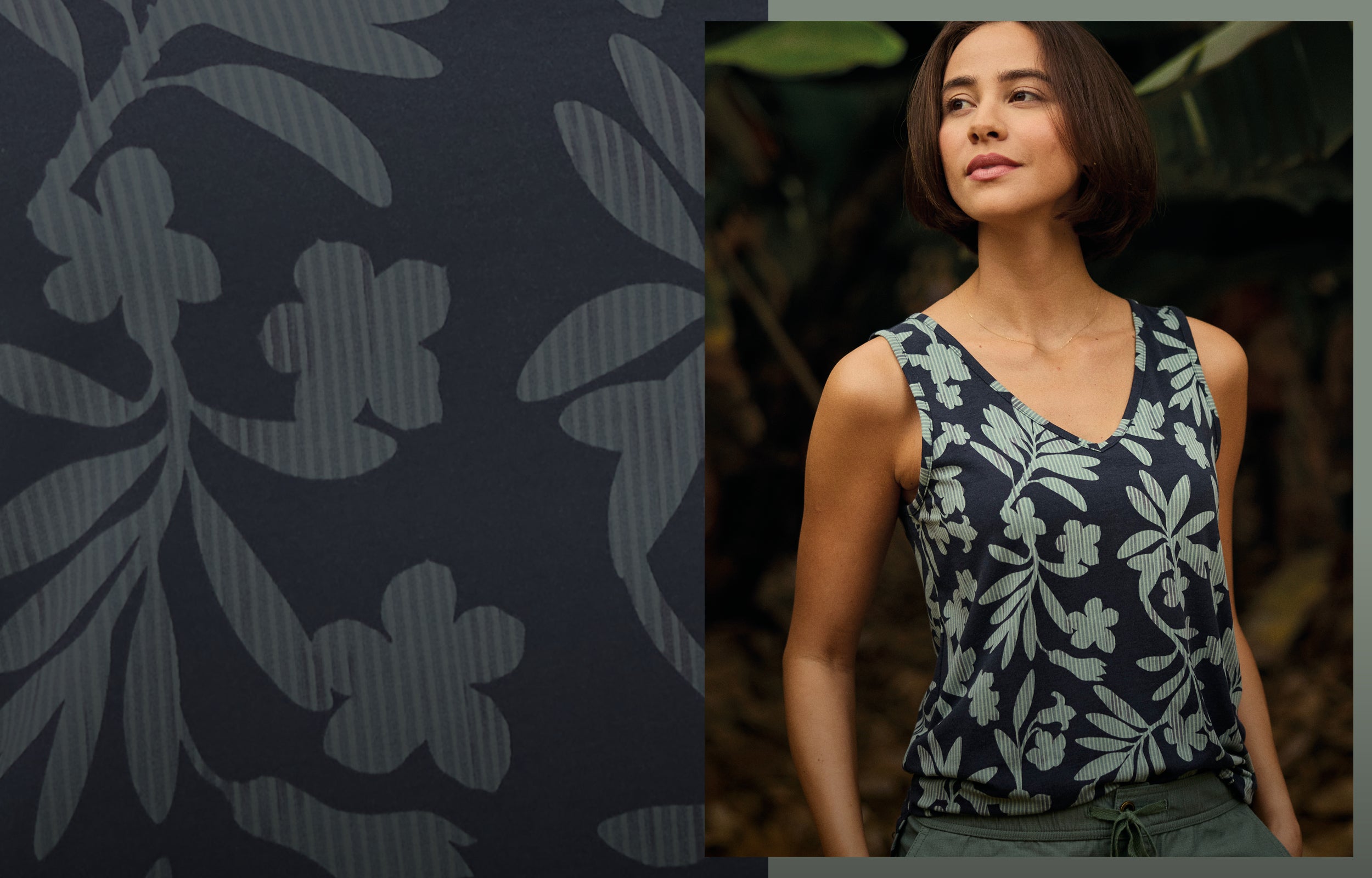 Woman wearing a floral tank top with a close-up of the fabric pattern on the left.