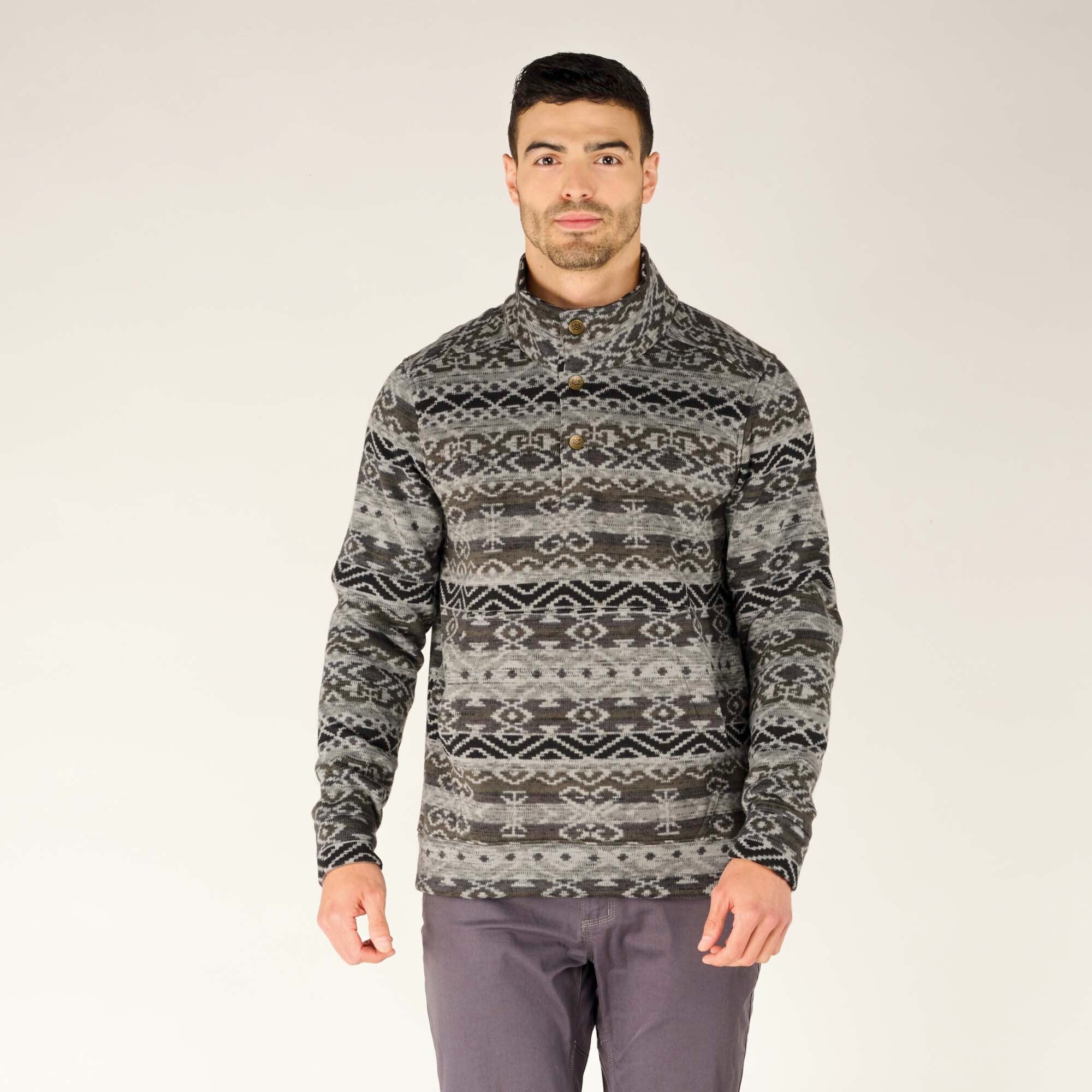 A closer look at the Sherpa Adventure Gear Bhutan Pullover in Grey's upper section, focusing on the three-button closure and the detailed geometric patterns. The fabric texture and craftsmanship of the pullover are clearly visible.