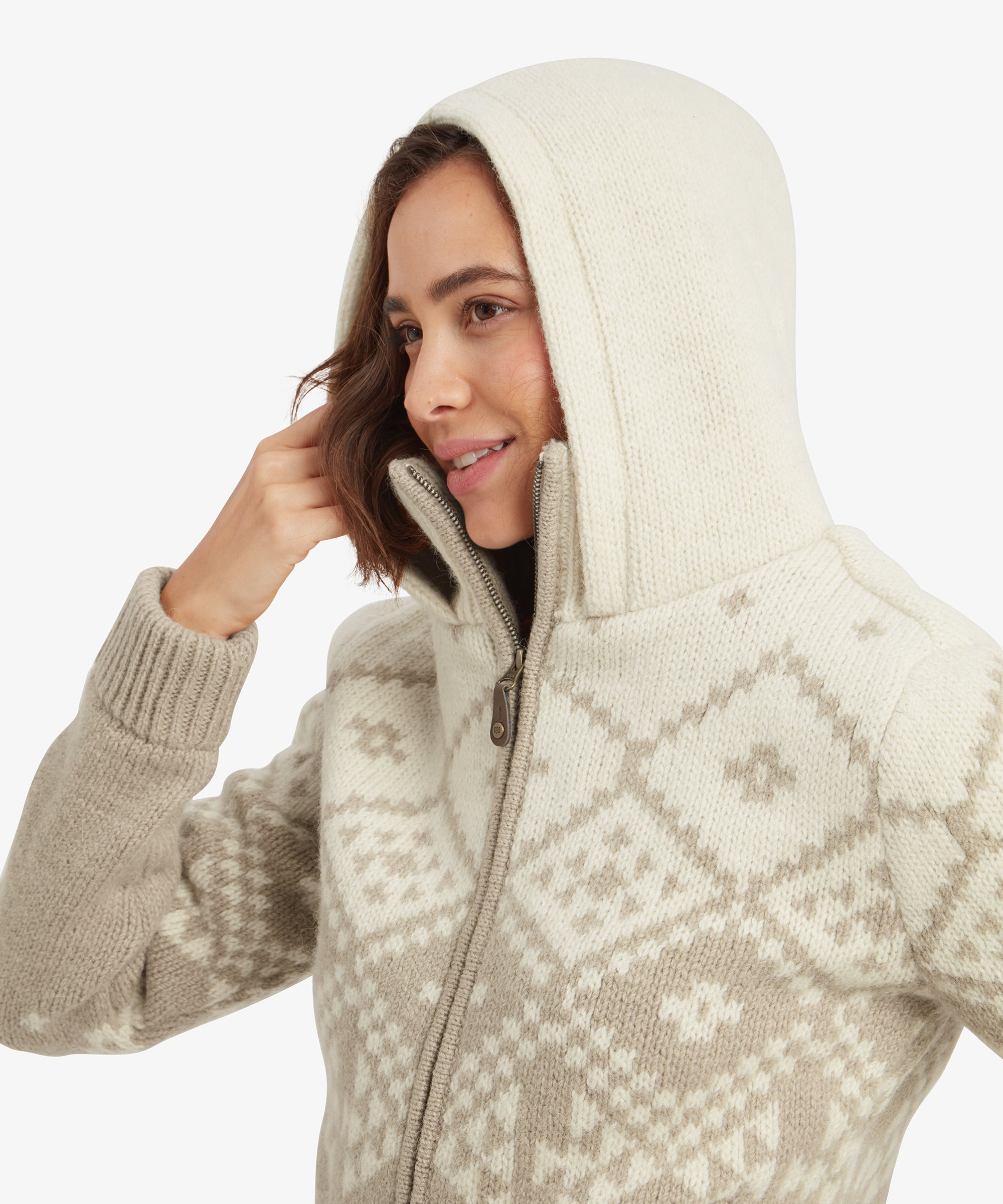 Kirtipur Full Zip Sweater - Cream: knit hooded jacket with geometric pattern