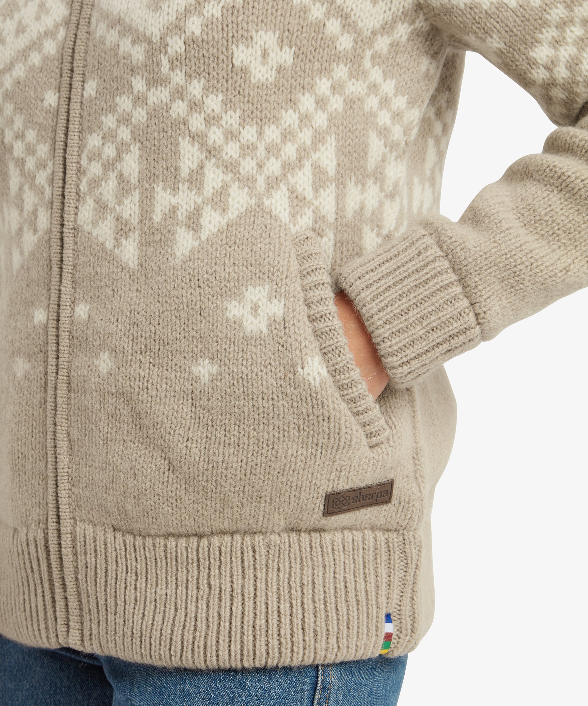Kirtipur Full Zip Cream fair isle knit sweater with ribbed cuffs