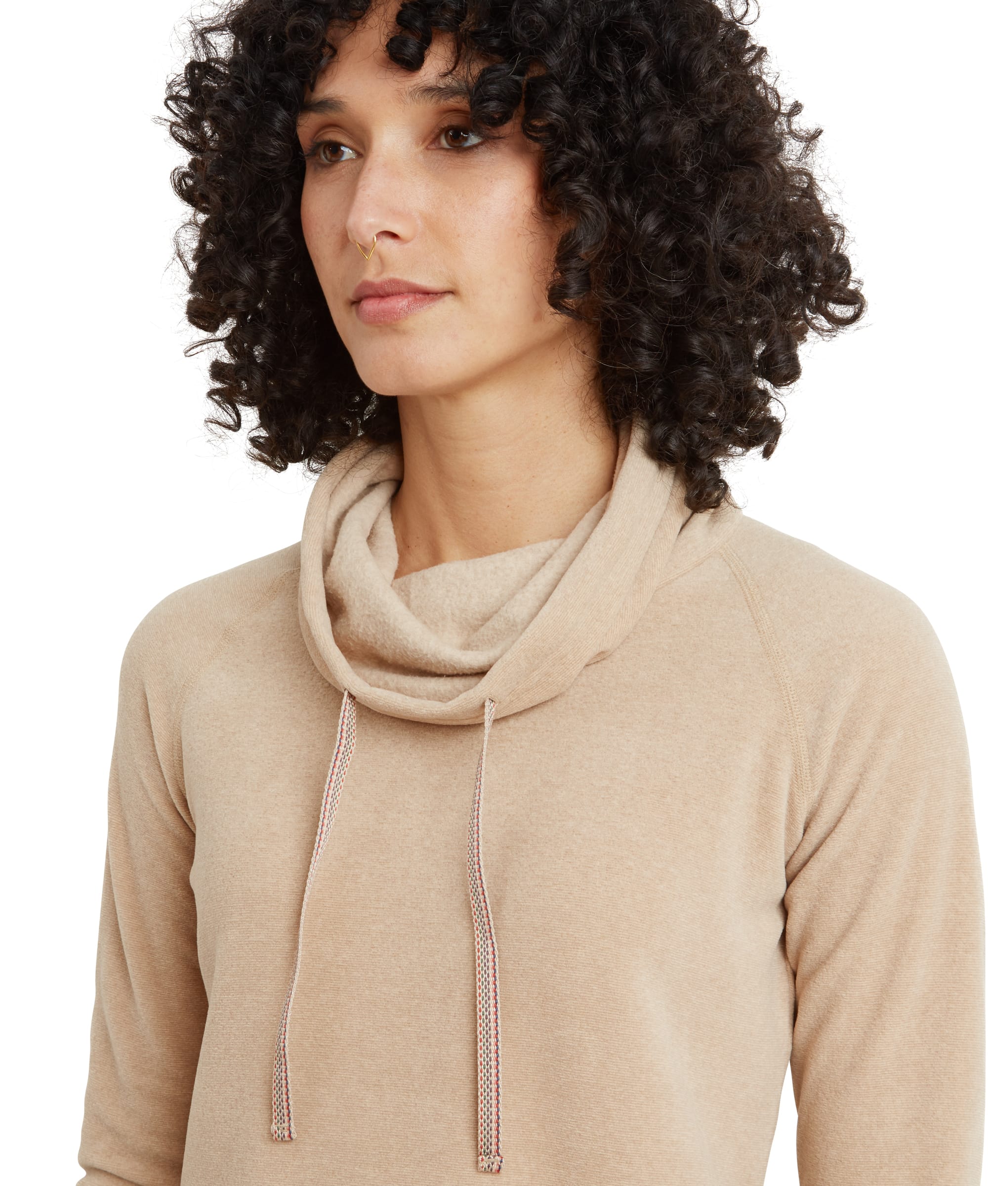 A detailed close-up of the cowl neck area of the Sherpa Adventure Gear Rolpa Eco Pullover in Beige. The drawstrings feature decorative stitching, and the soft texture of the material is evident in this shot.