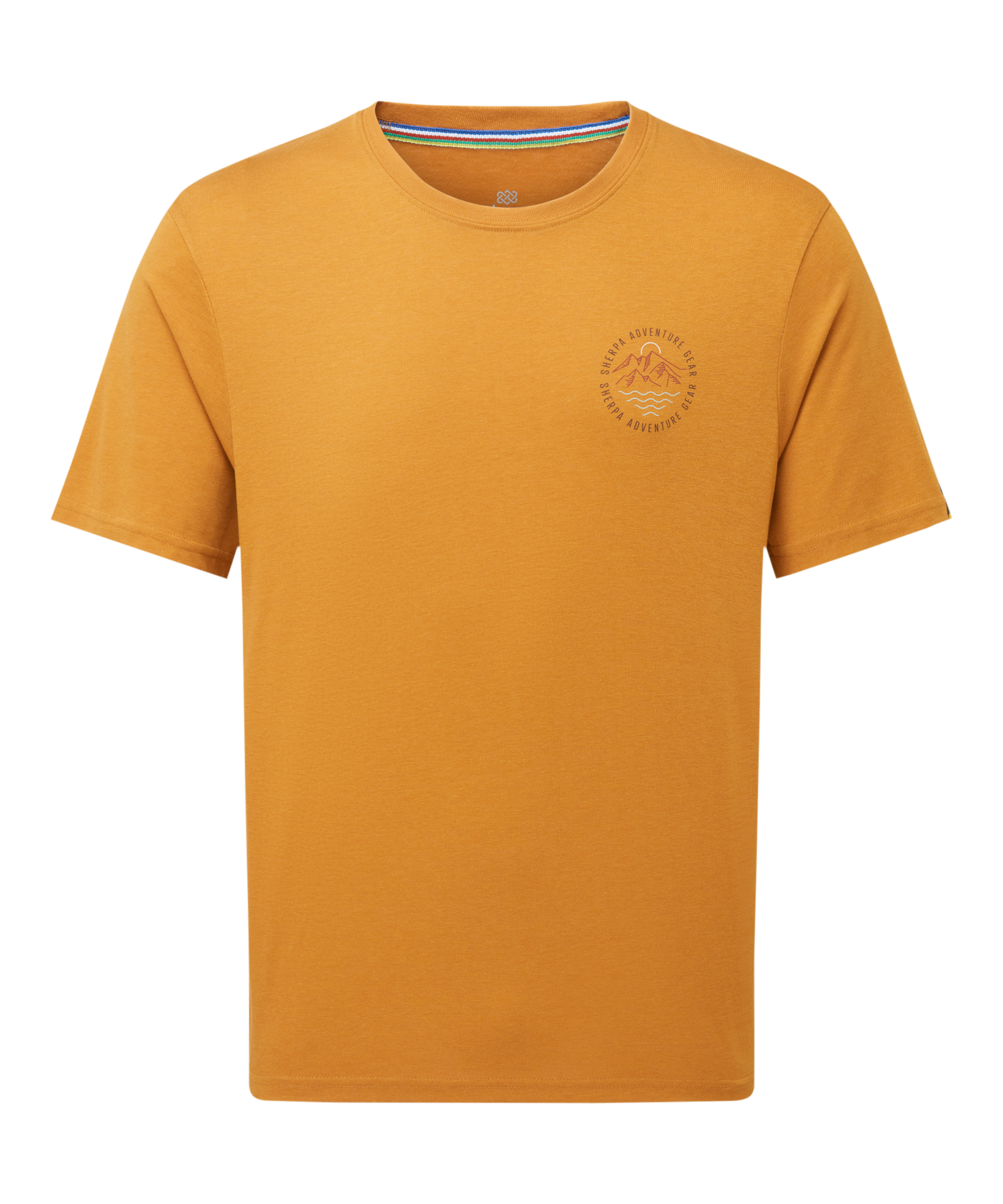 Men's orange t-shirt with a small orange and black mountain and river graphic on a white background