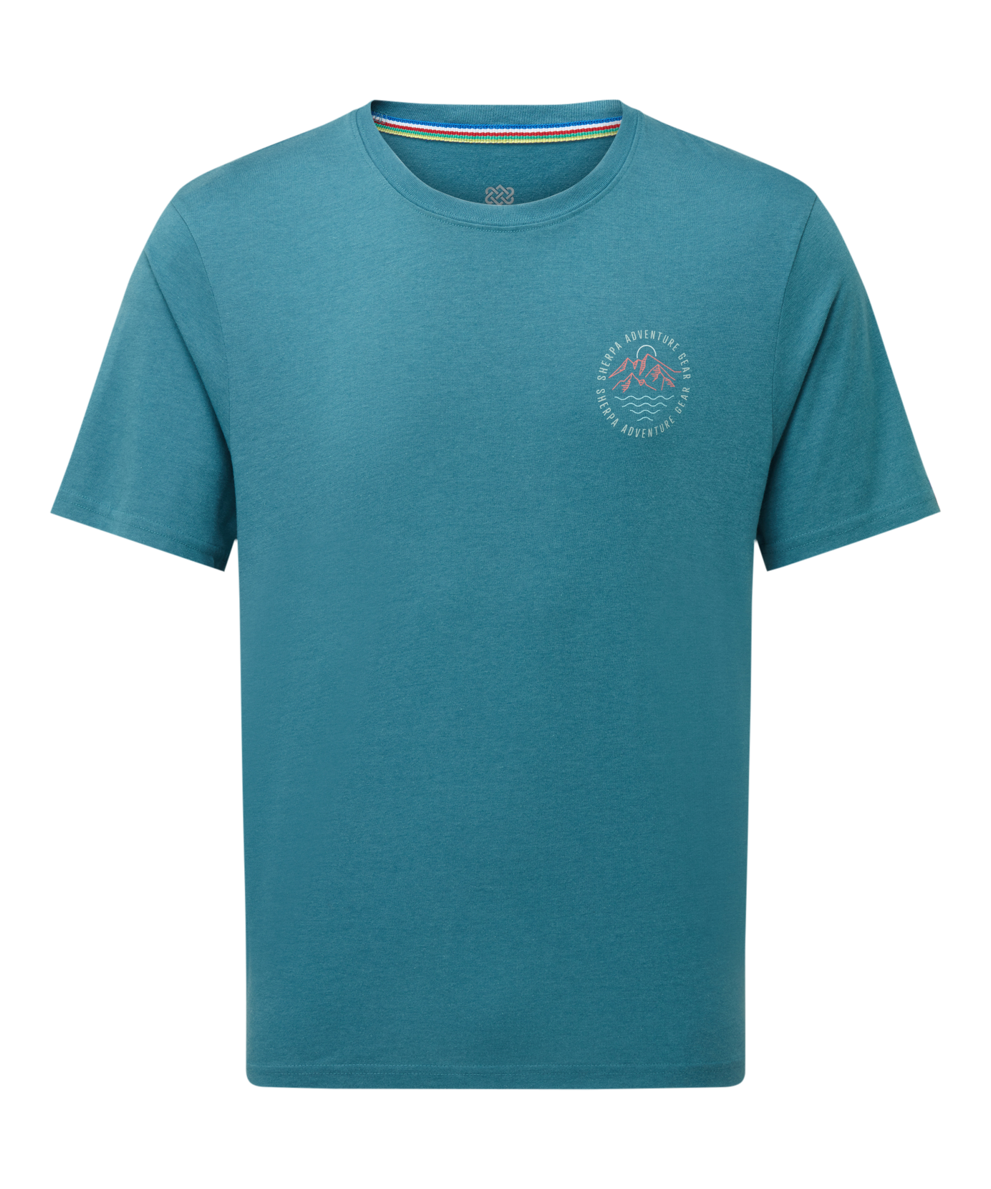 Teal t-shirt with a circular mountain and river on a white background
