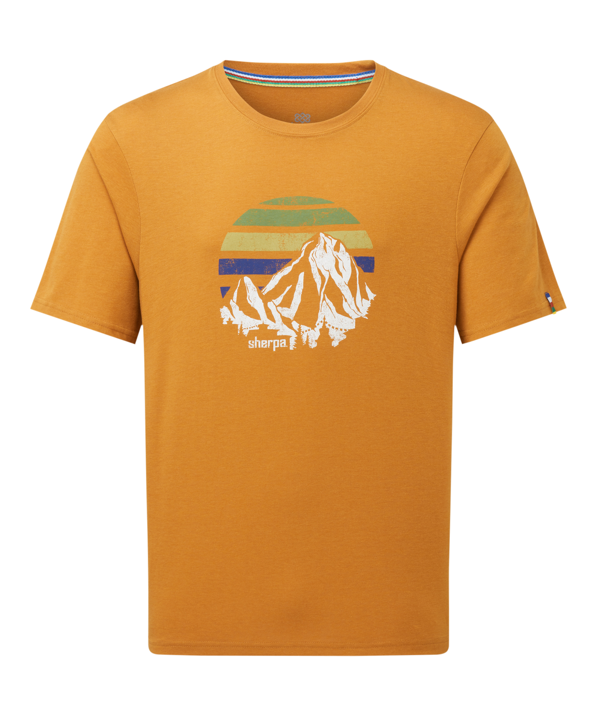 Men's orange t-shirt with mountain sunset graphic on a white background