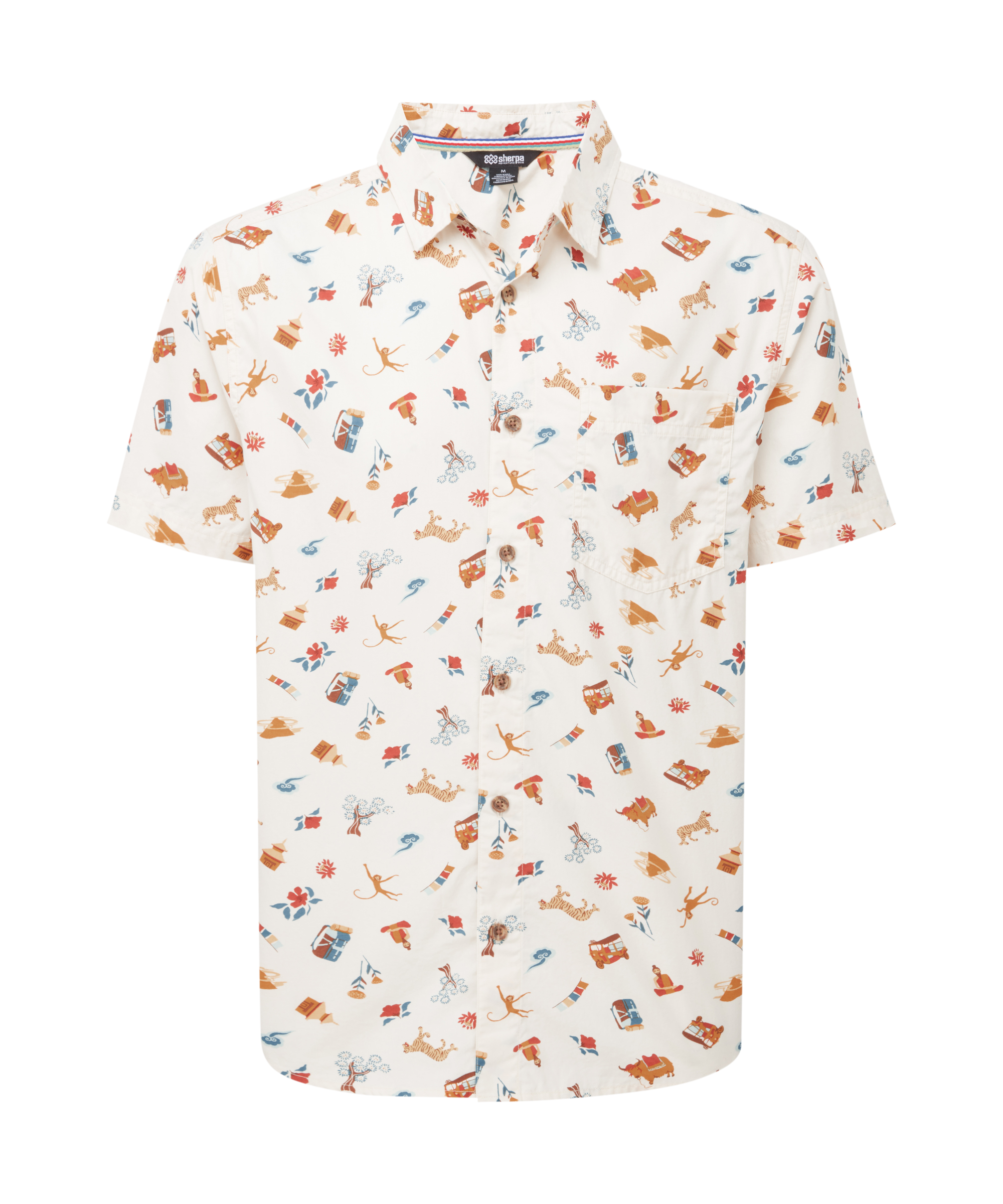 Kurzarmhemd fŸr Herren mit kleinen, bunten Nepal-Symbolen auf wei§em Hintergrund