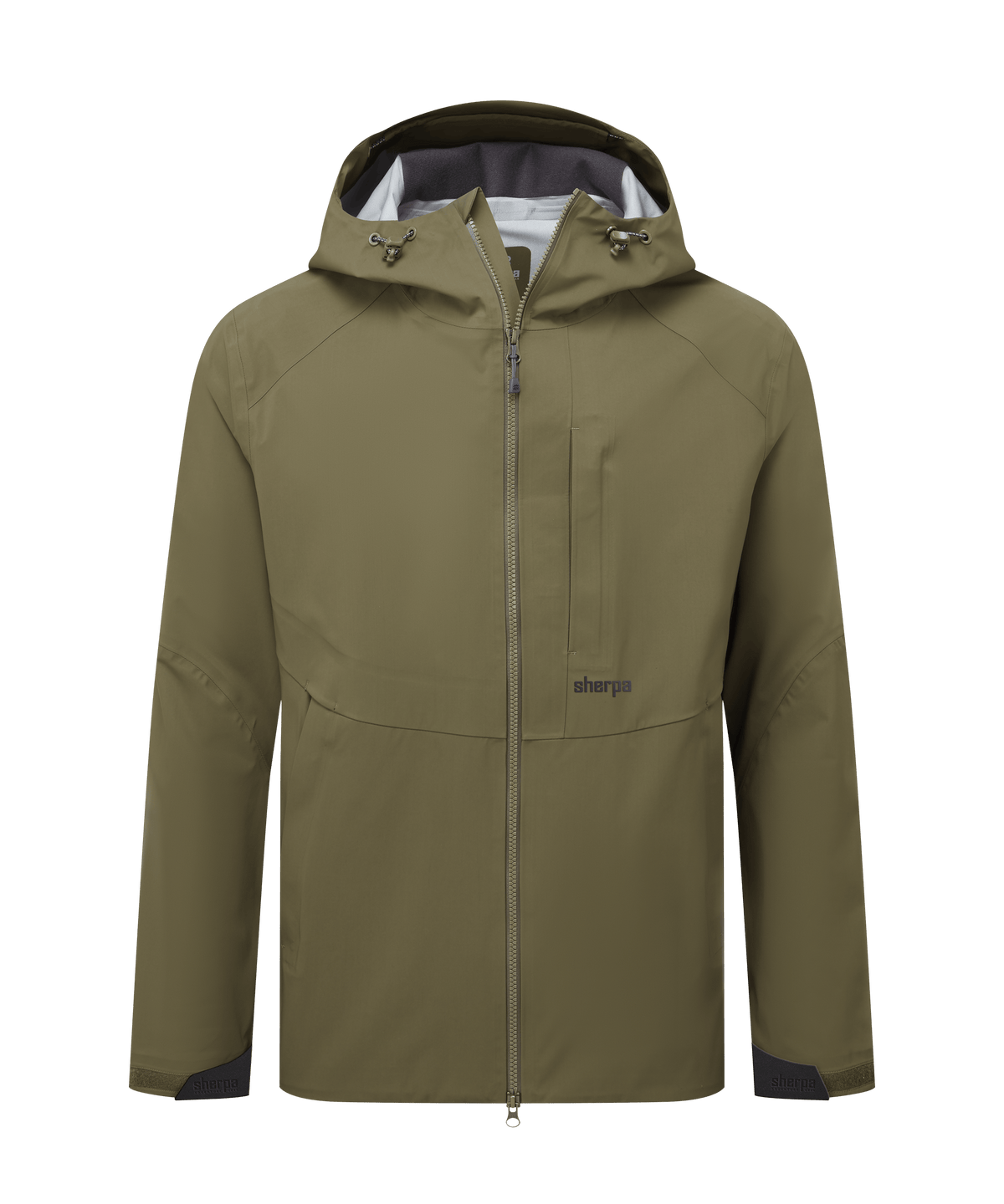 Front view of Sherpa Adventure Gear waterproof shell jacket in olive green.