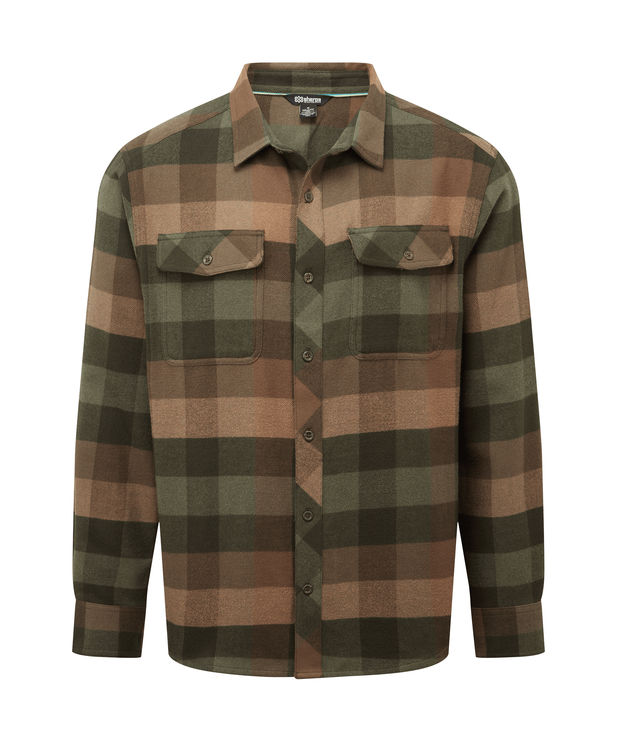 Front view of a men's Sherpa Adventure Gear heavyweight plaid overshirt in olive green, brown, and black tones. Designed with two chest flap pockets, button-front closure, and rugged outdoor styling.