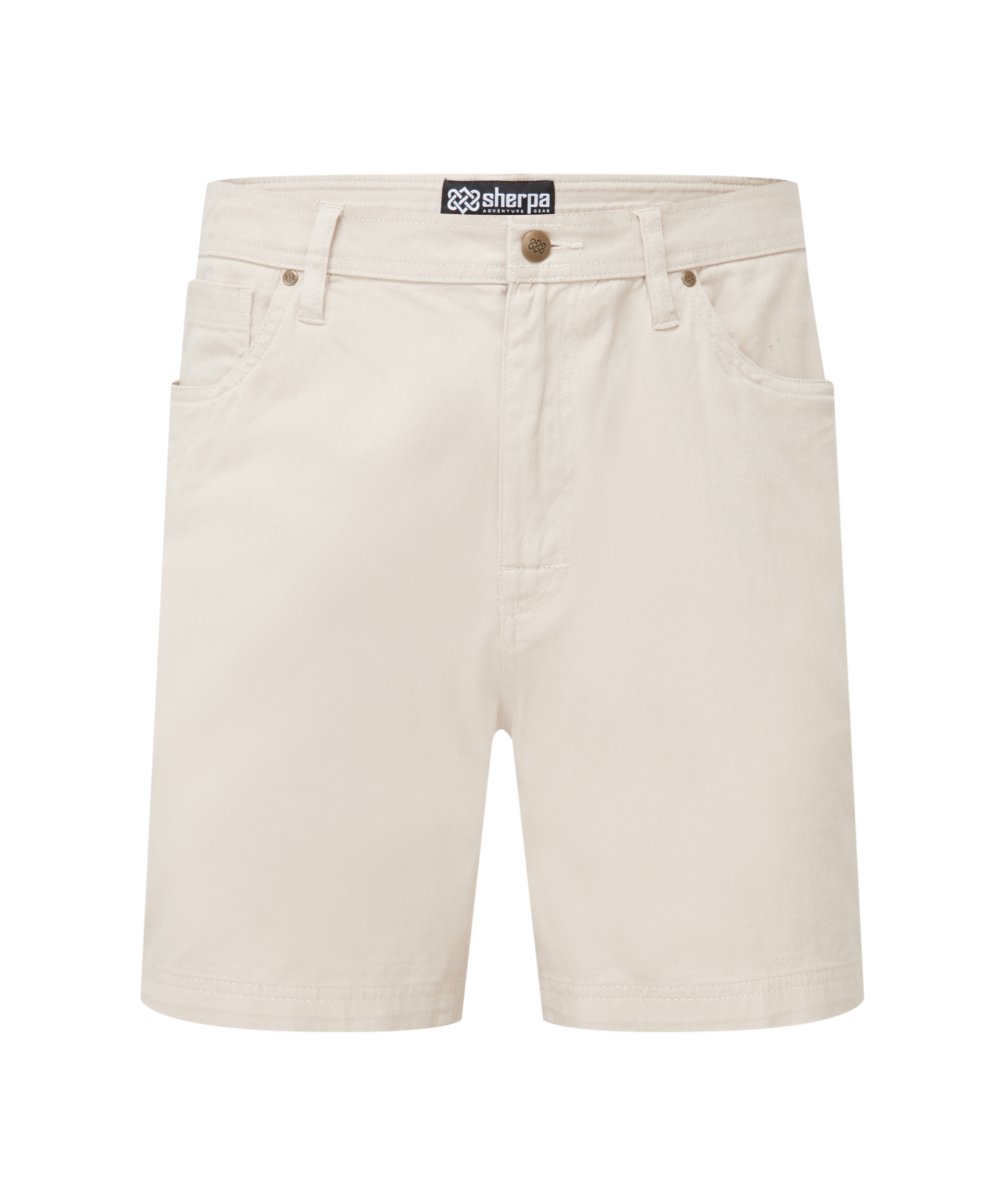 Men's beige shorts with a Sherpa Adventure Gear brand label on a white background
