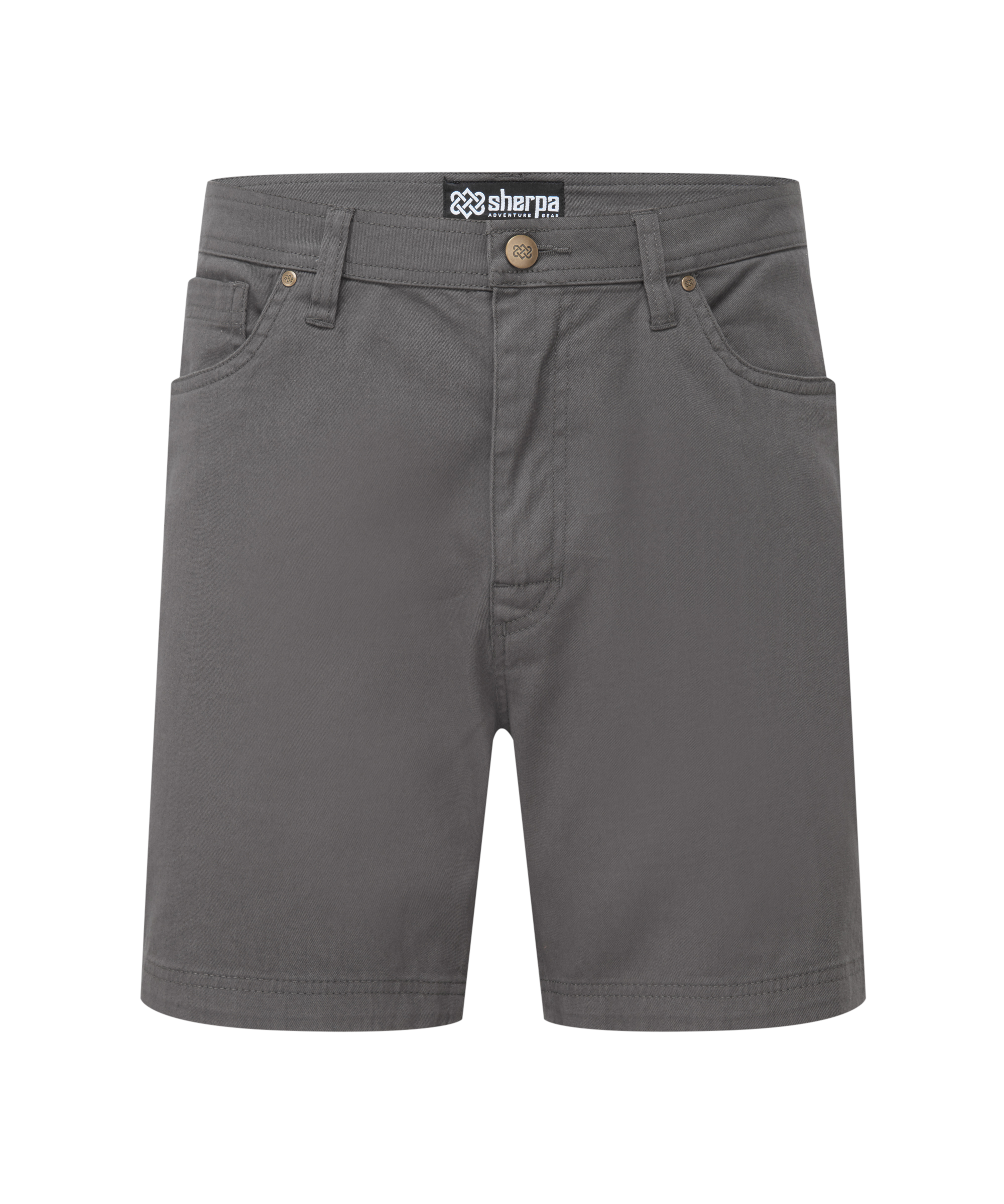 Men's gray shorts with Sherpa logo on the waistband on a white background