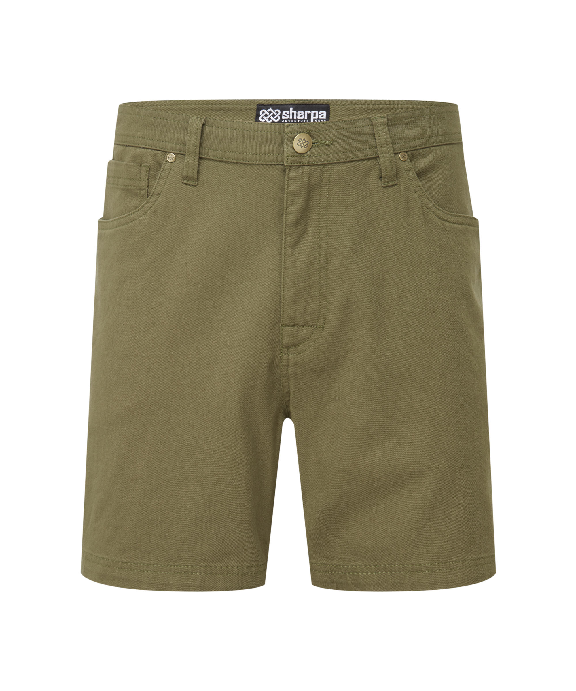 Men's green shorts with a Sherpa Adventure Gear brand label on the inner waistband on a white background
