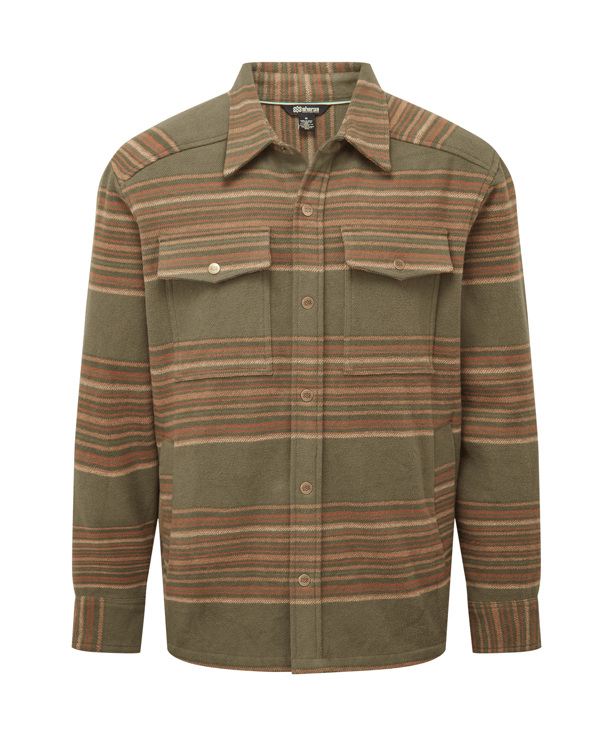 Front view of Sherpa Adventure Gear striped shirt jacket in olive green.