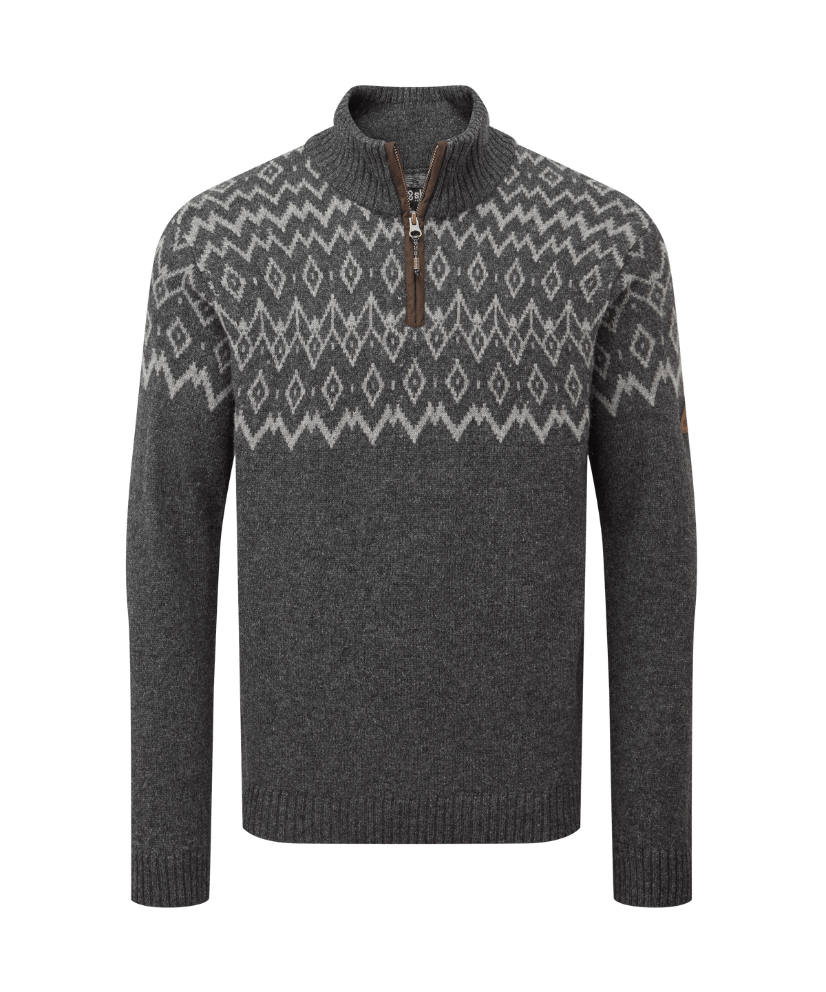 Sherpa Adventure Gear quarter-zip knit sweater in charcoal grey with a white Fair Isle-inspired.