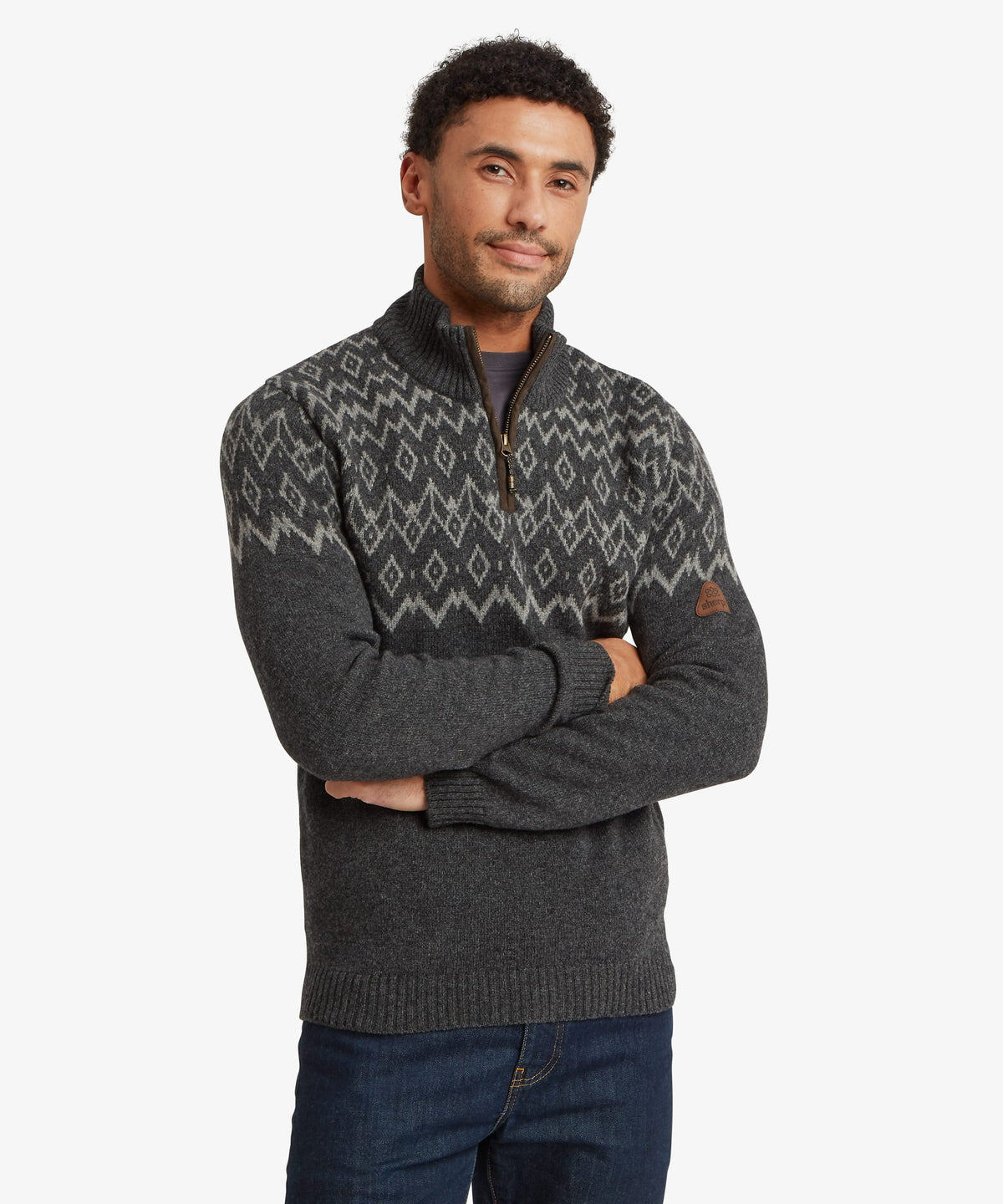 Front view of a man wearing a charcoal grey quarter-zip sweater with a regular fit.