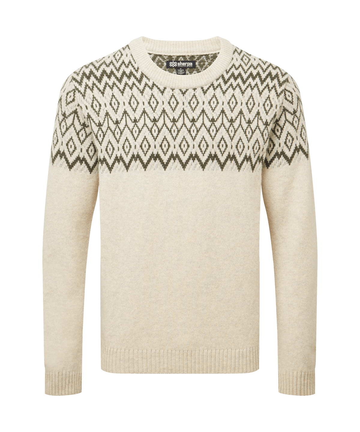 Sherpa crew-neck sweater in cream beige with a contrasting dark geometric Fair Isle pattern.