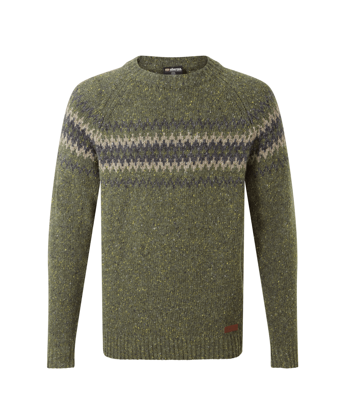 Sherpa quarter-zip sweater in heathered olive green with a contrasting Fair Isle pattern.