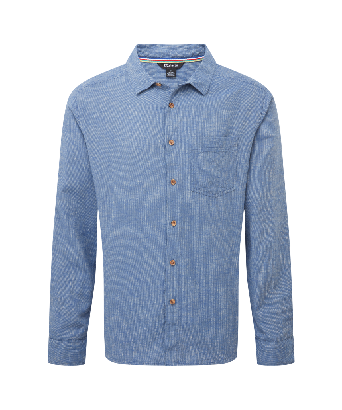 Men's blue button-up shirt with a chest pocket on a white background