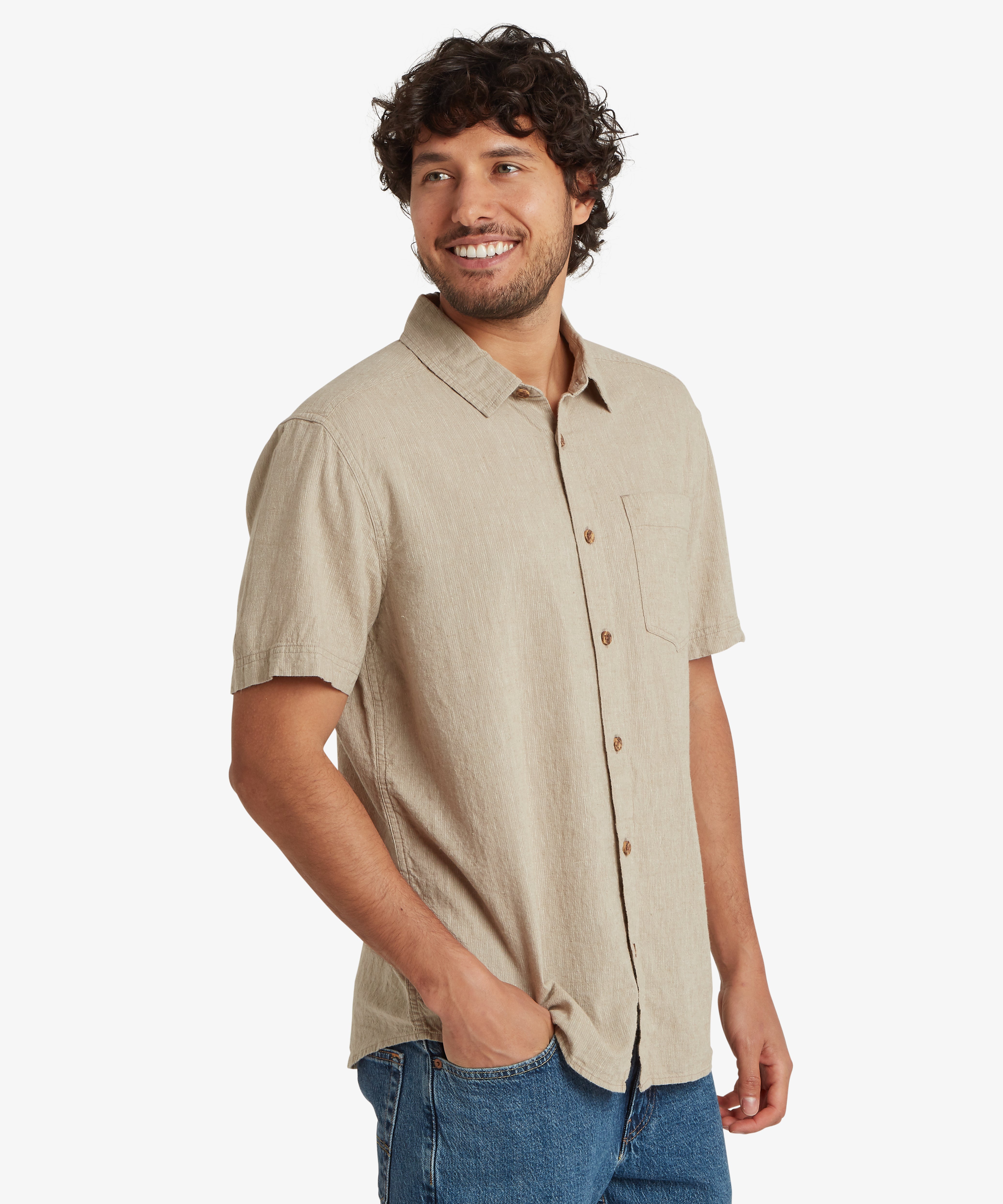 Habba Short Sleeve Shirt - Goa Sand, beige button-up with chest pocket