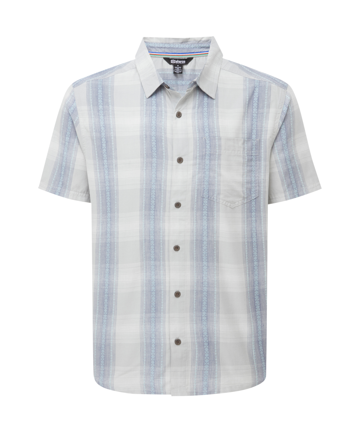 Men's short sleeve shirt with blue and white vertical striped pattern on a white background
