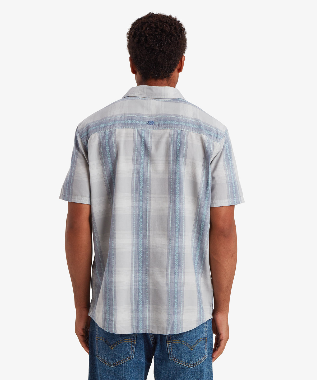 Back view of Ispat Short Sleeve Shirt in pearl blue plaid with embroidered seams