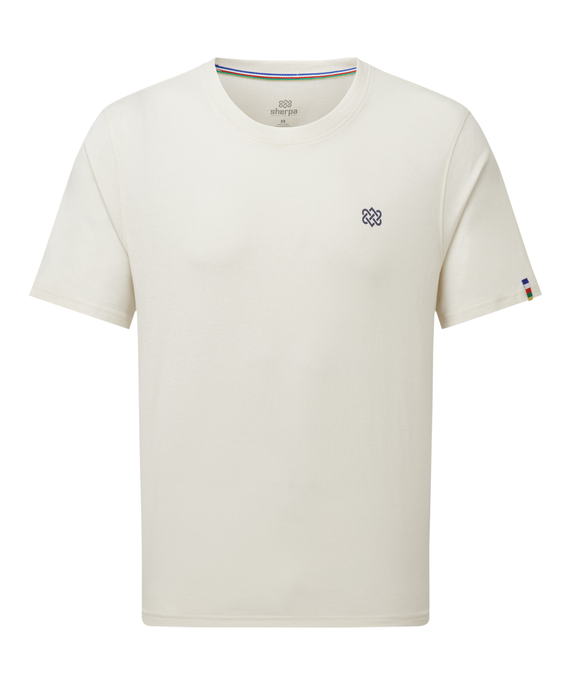Men's beige t-shirt with a small Sherpa Adventure Gear logo on a white background