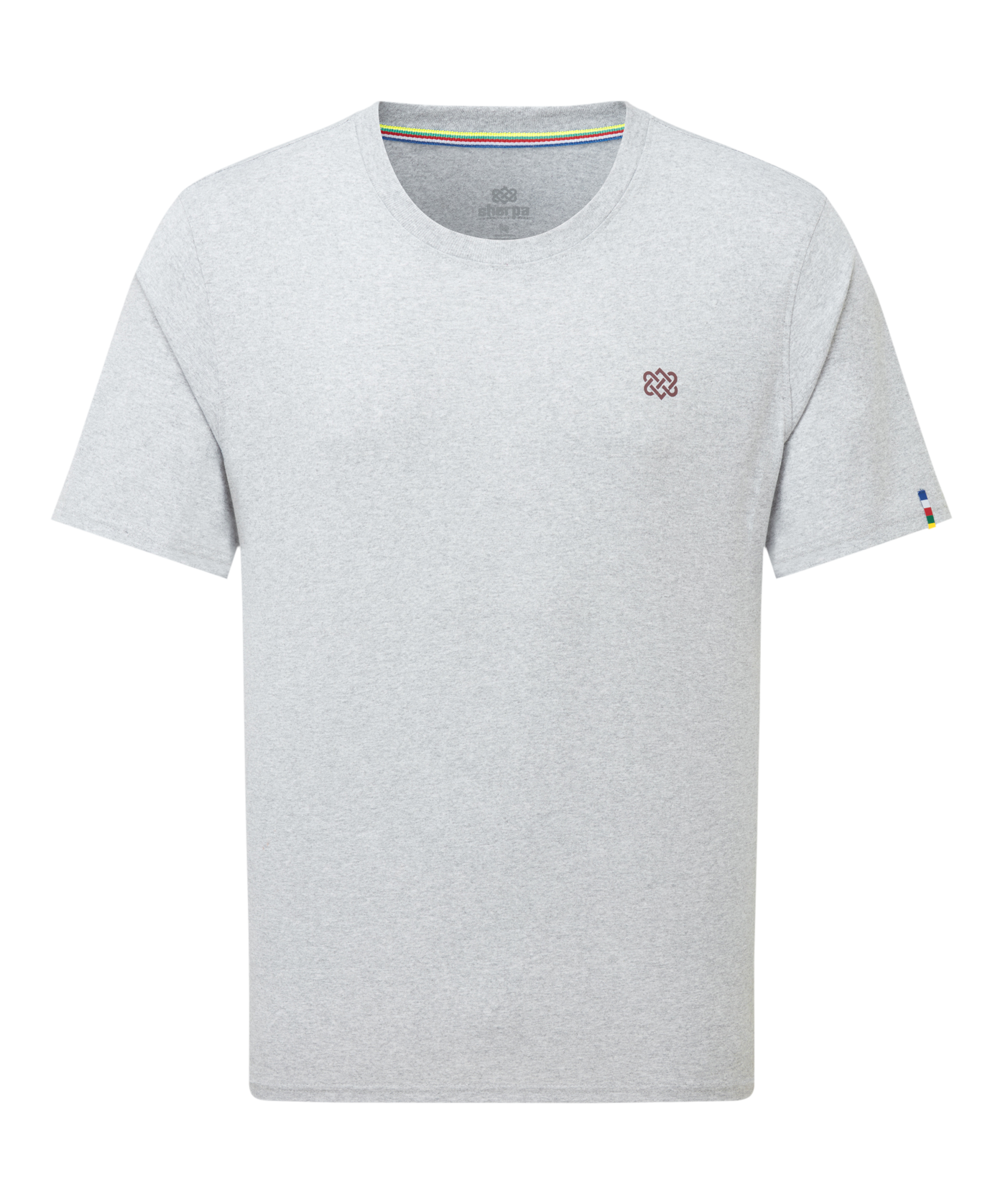 Men's grey t-shirt with a small Nepali endless knot logo on a white background