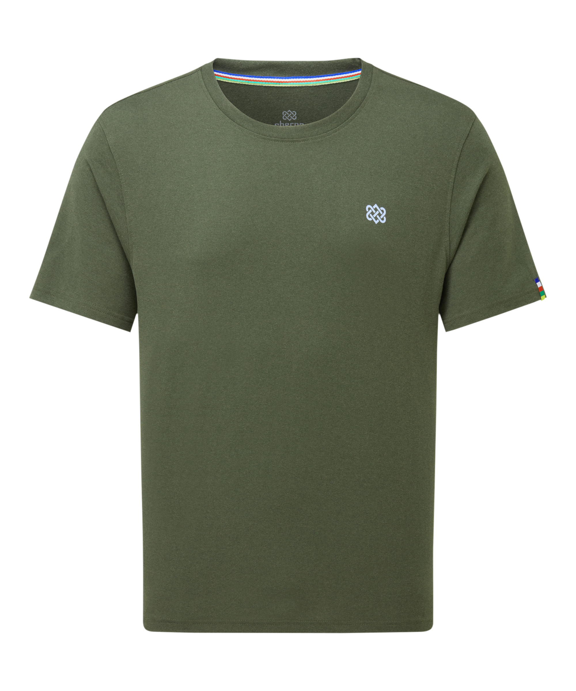 Men's green t-shirt with a small Sherpa Adventure Gear endless knot logo on a white background