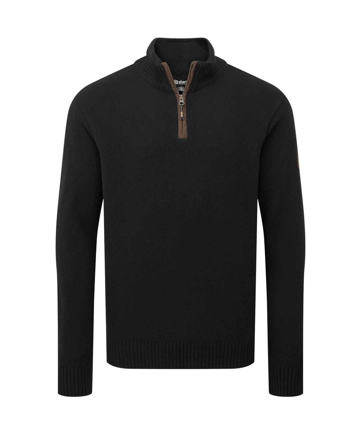 Front view of Sherpa Adventure Gear quarter-zip sweater in solid black.