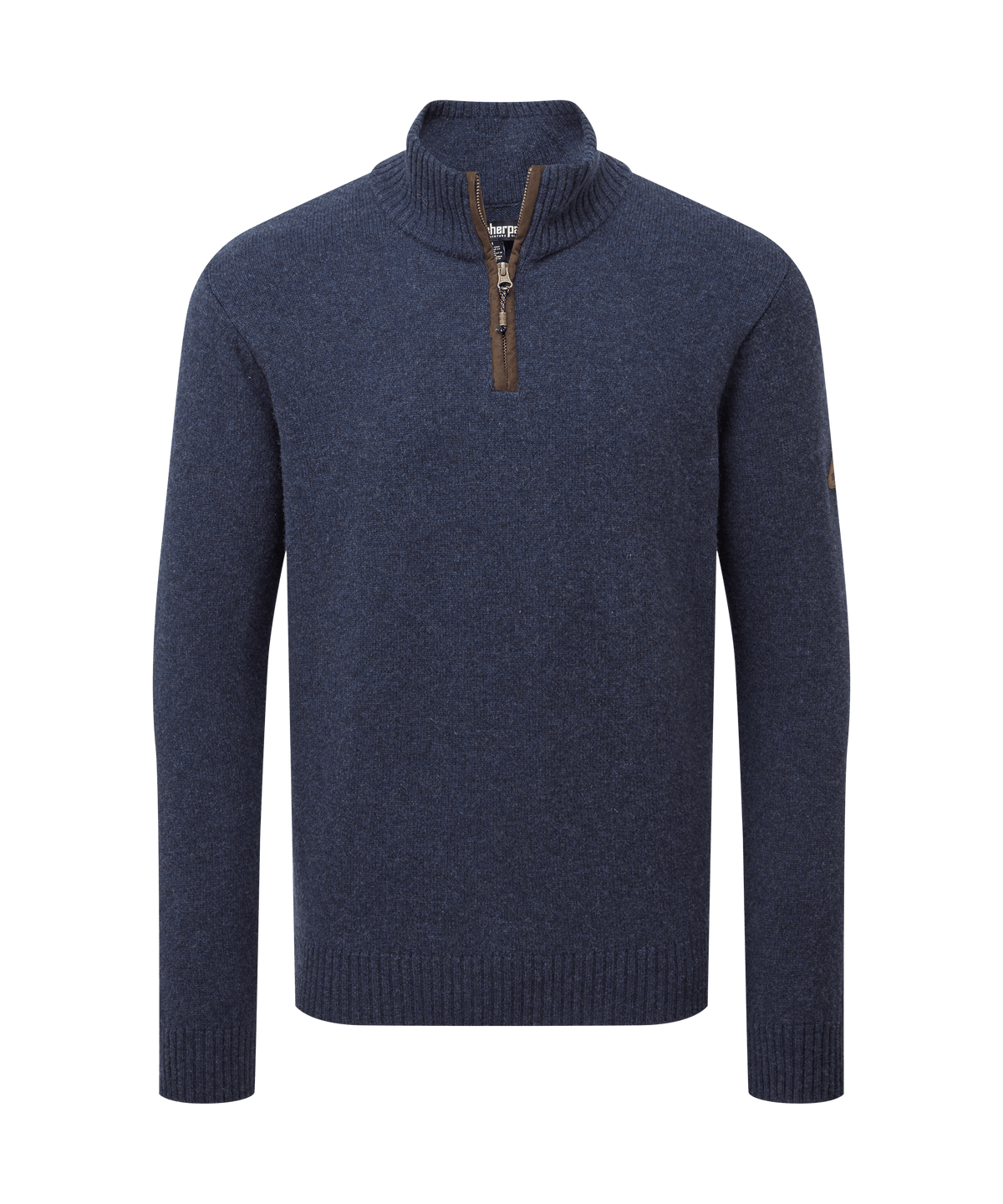 Front view of Sherpa Adventure Gear quarter-zip sweater in heathered navy blue.