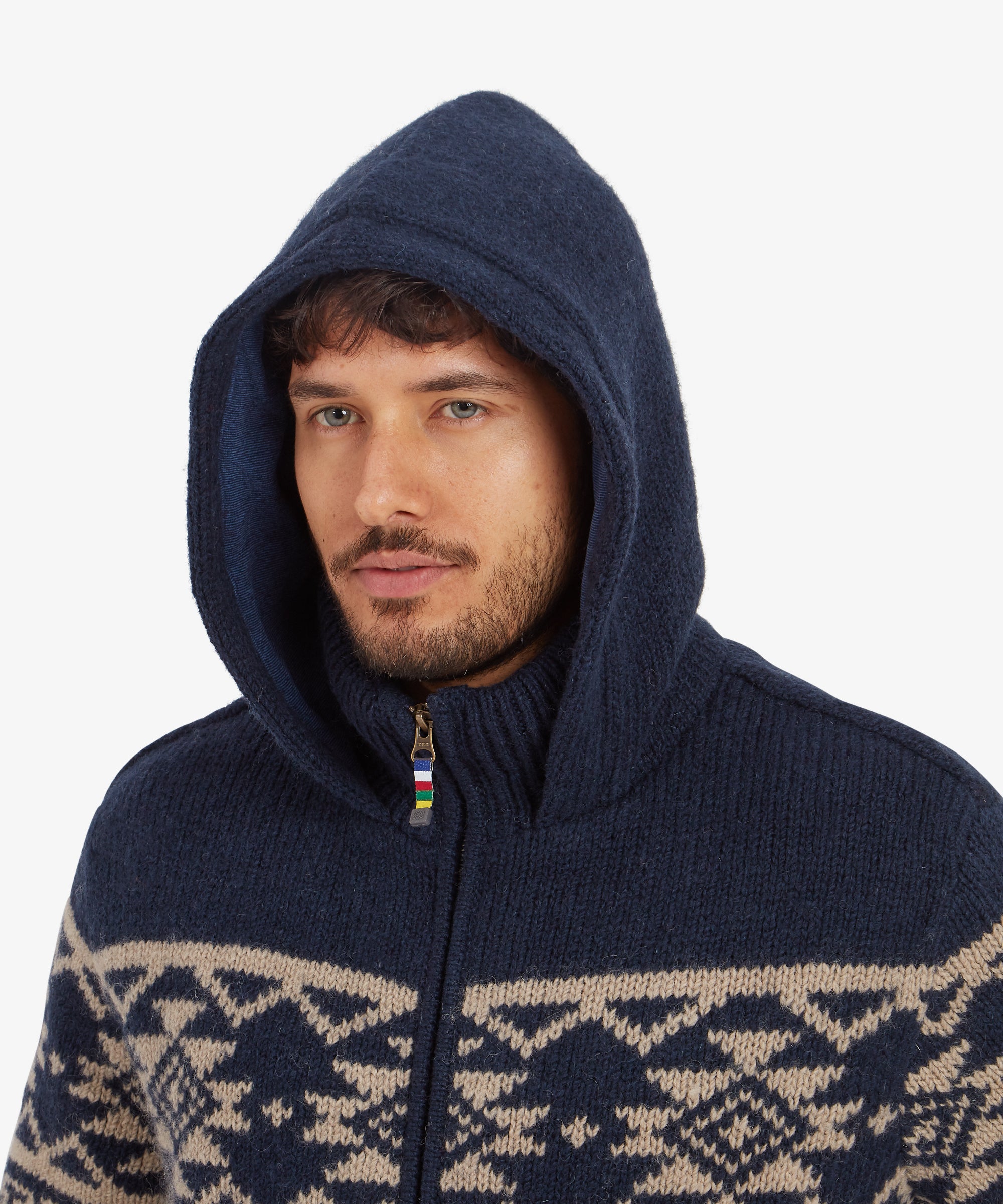 Kirtipur Full Zip Rathee Blue sweater with navy hood, beige patterns