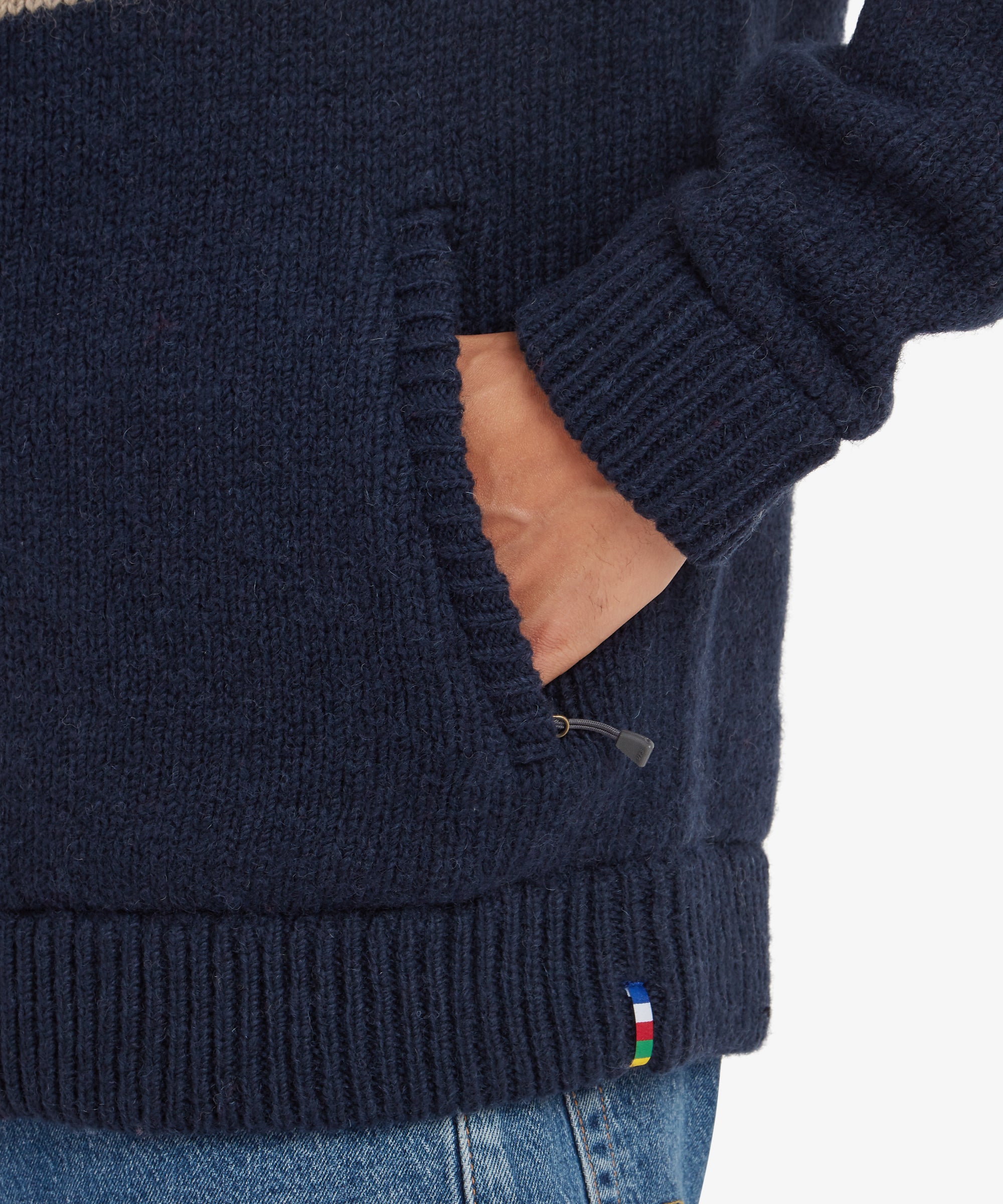 Kirtipur Full Zip Rathee Blue ribbed knit sweater with pocket and striped tag