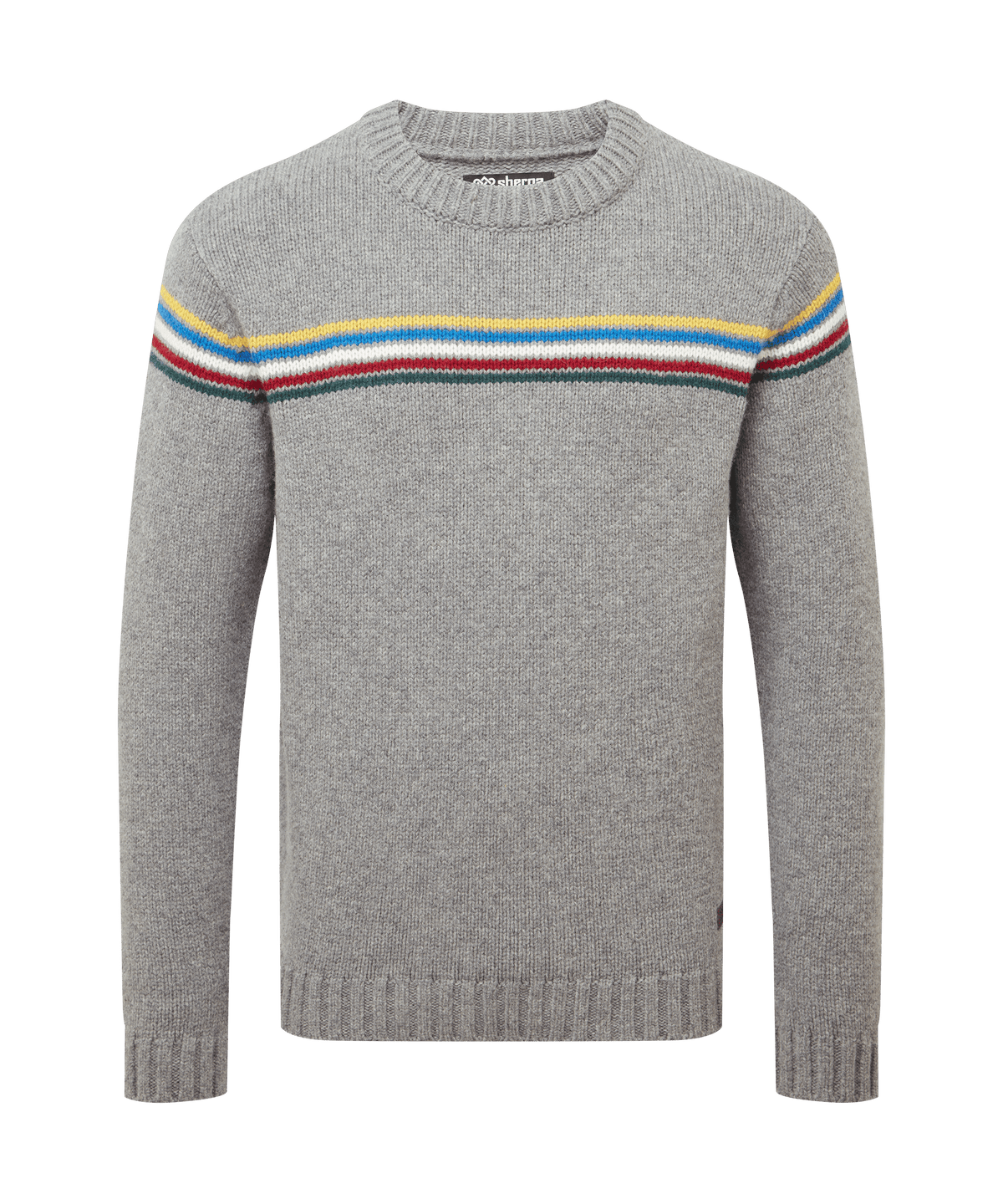 Front view of a men's Sherpa Adventure Gear light grey crew neck sweater on a white background.
