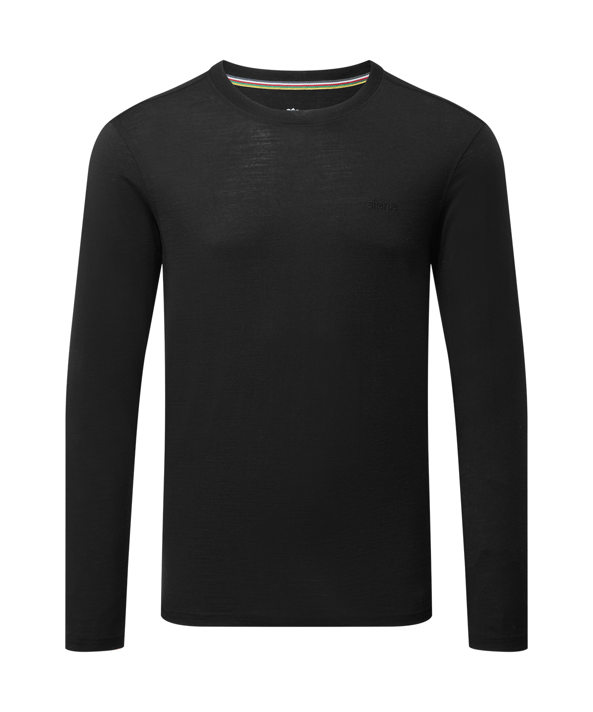 Front view of a men's Sherpa Adventure Gear black long-sleeve merino wool T-shirt displayed.