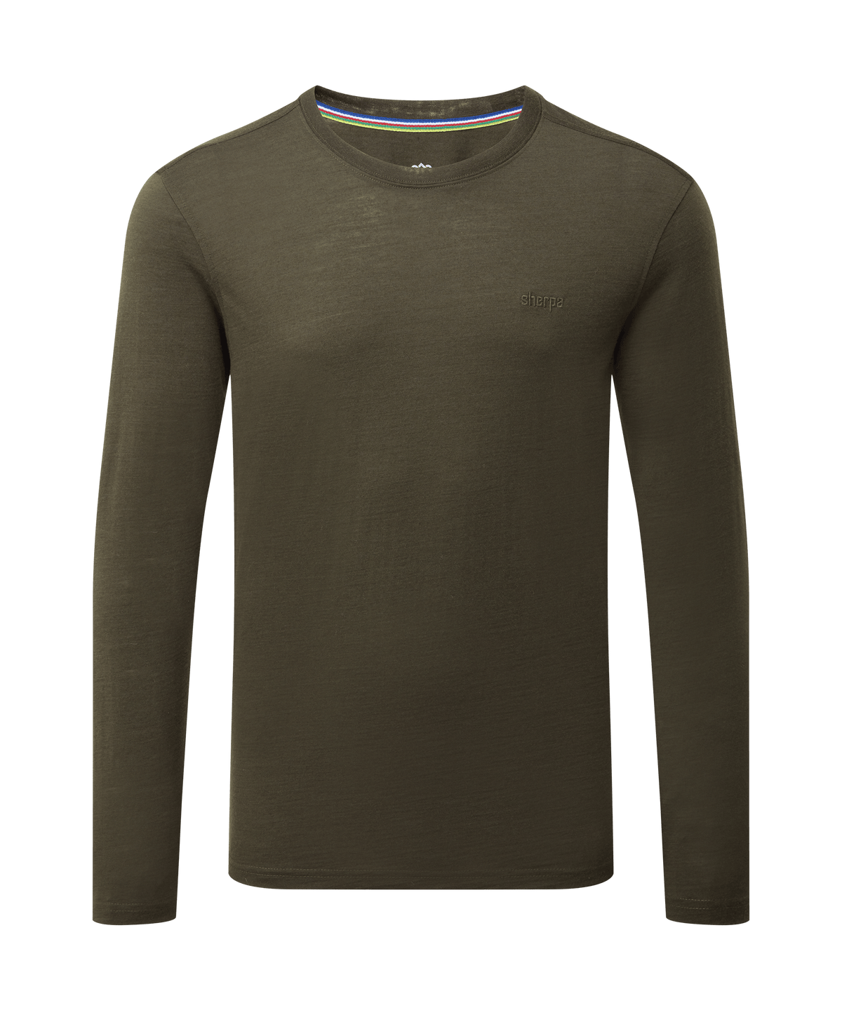 Front view of a men's Sherpa Adventure Gear olive green long-sleeve merino wool T-shirt displayed.