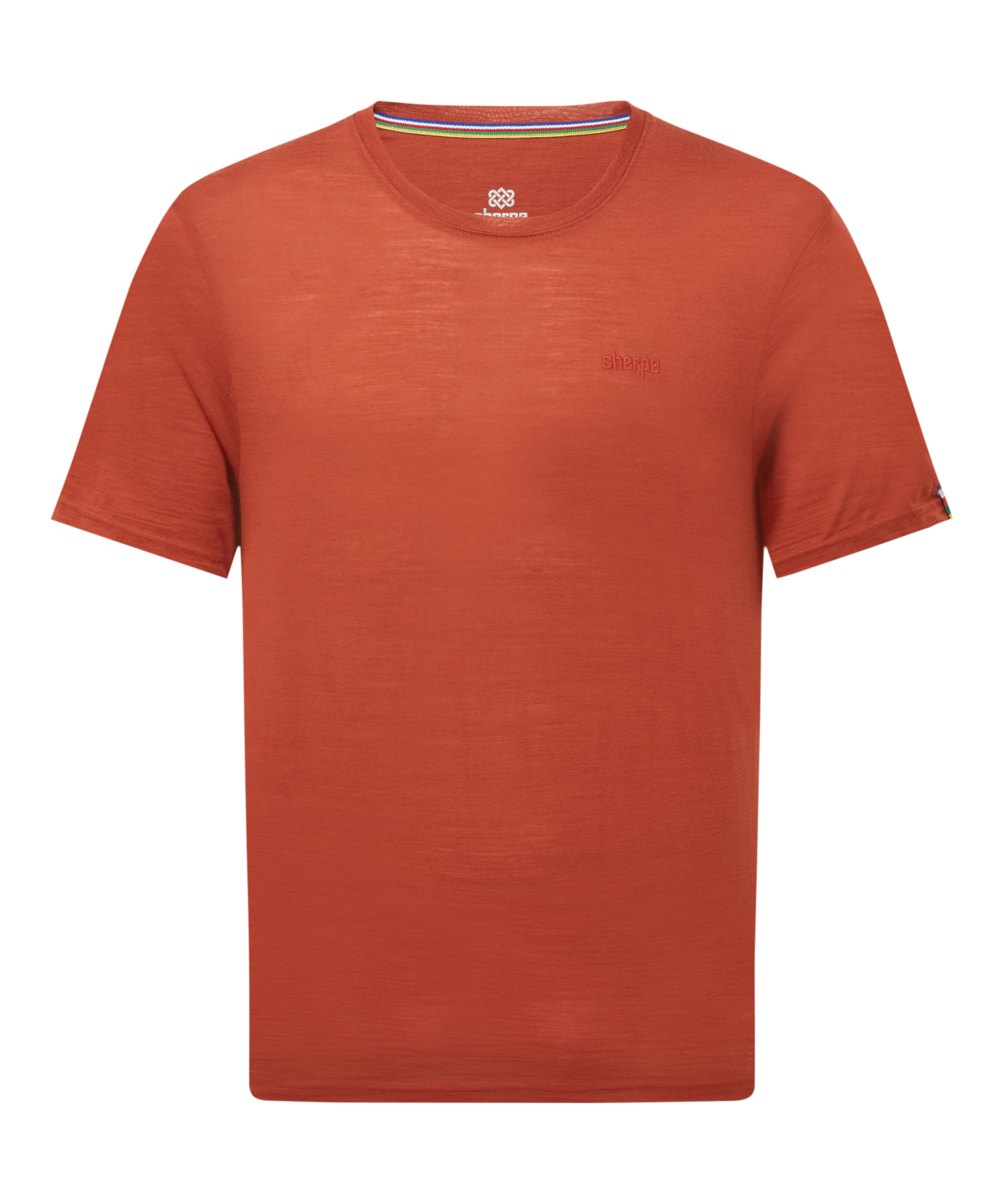 Men's red t-shirt with the Sherpa Adventure Gear brand logo on a white background