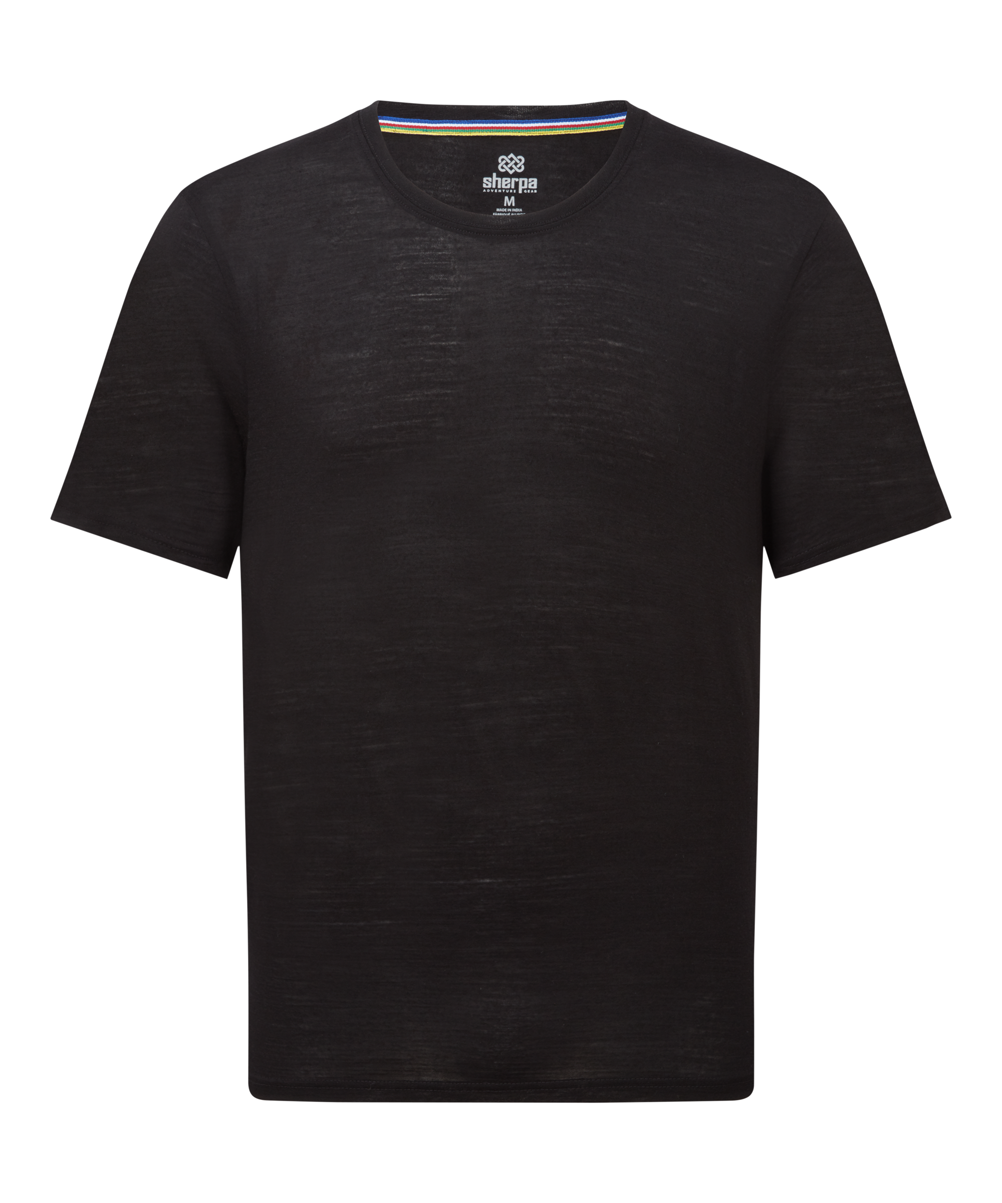 Nanda Merino black short-sleeve t-shirt with striped ribbed collar