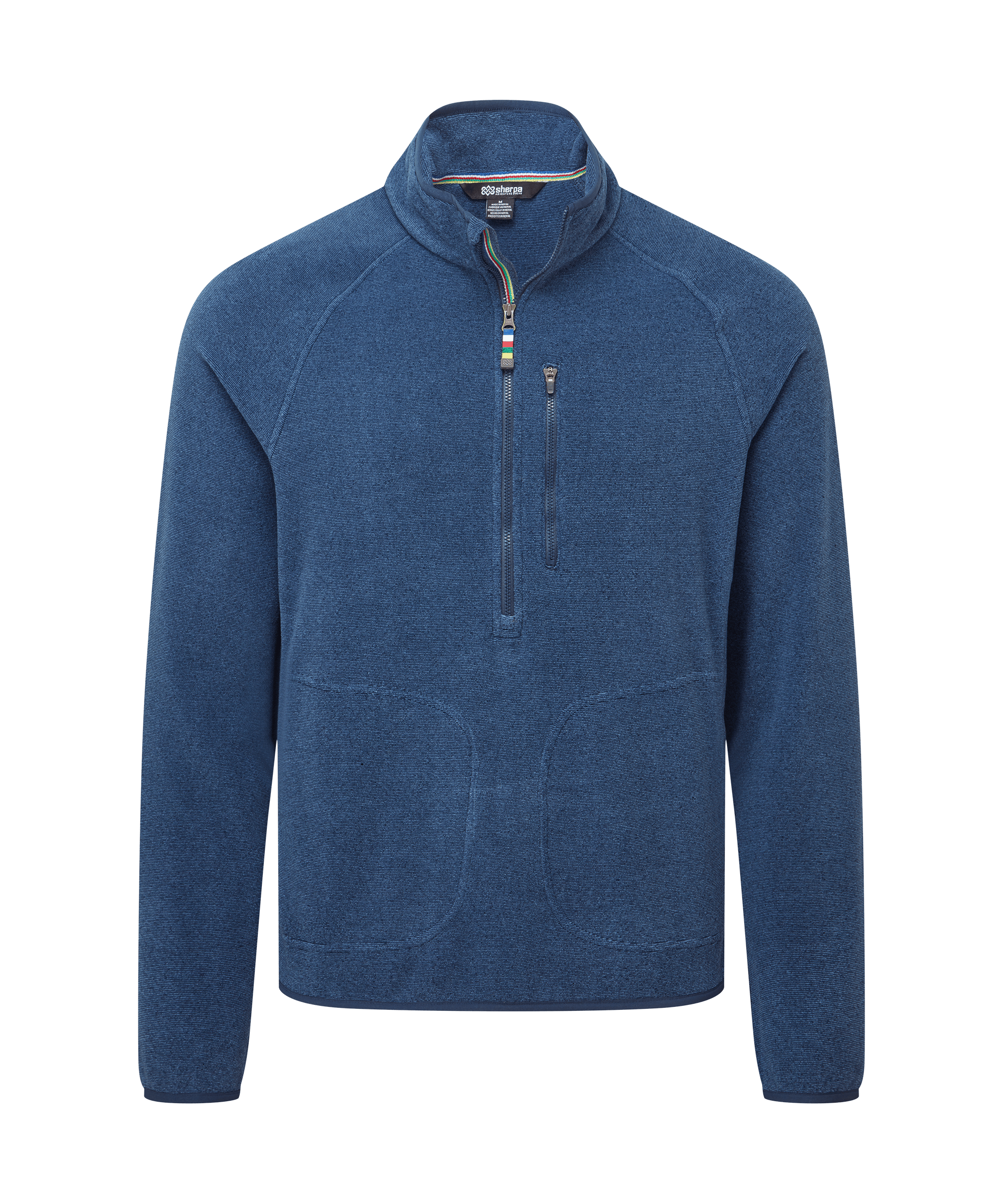 Front view of a men's Sherpa Adventure Gear heather blue quarter-zip fleece pullover displayed on a white background. Features a stand collar, contrast zipper closure, long sleeves, and a warm, casual design.