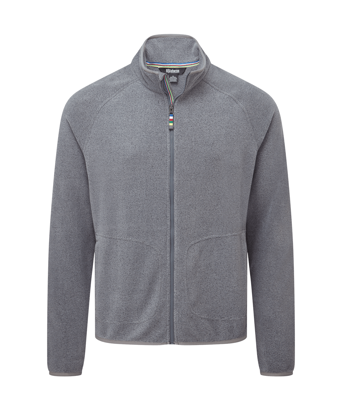 Front view of a men's Sherpa Adventure Gear light grey full-zip fleece jacket displayed.