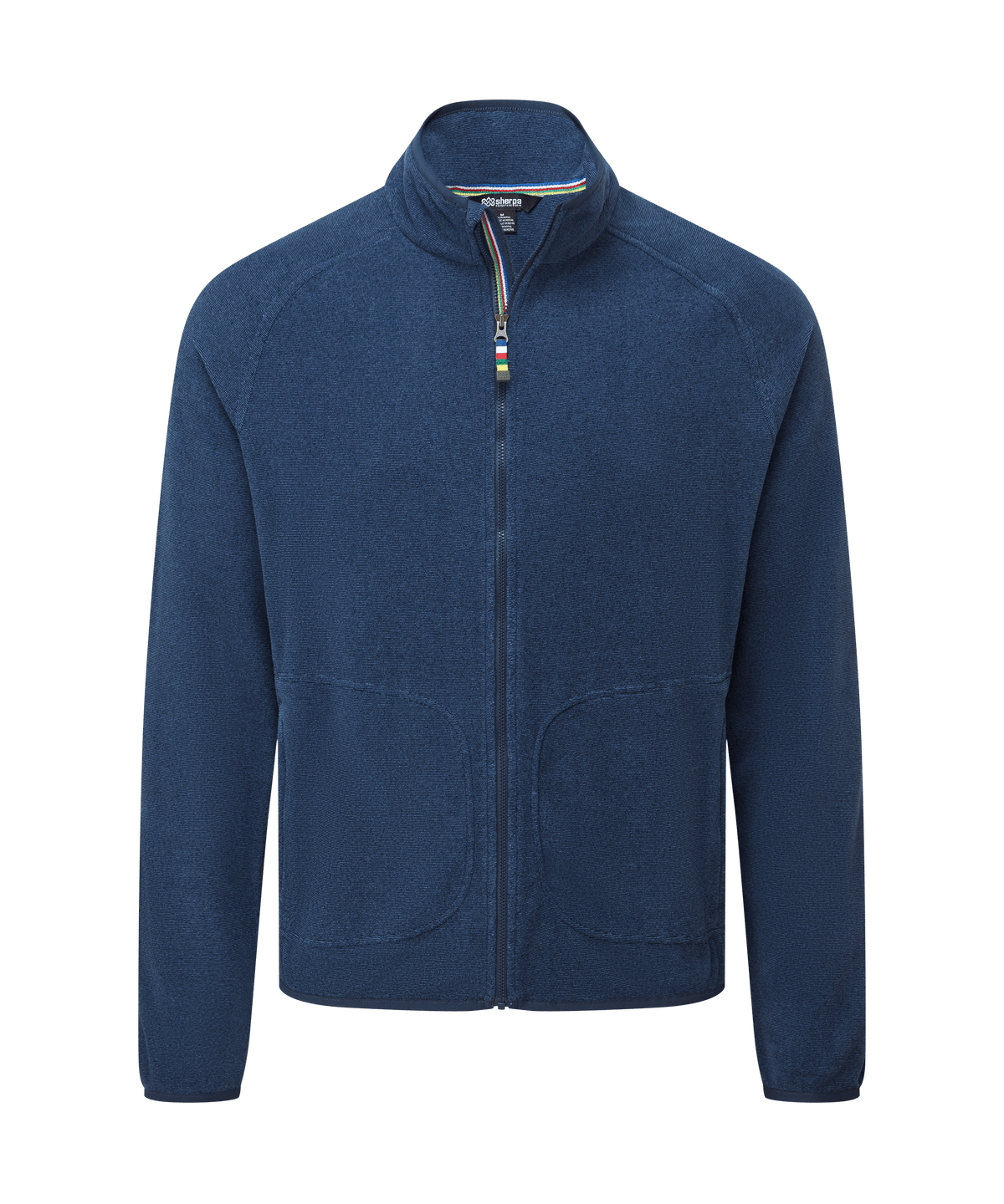 Front view of a men's Sherpa Adventure Gear heather blue full-zip fleece jacket displayed.