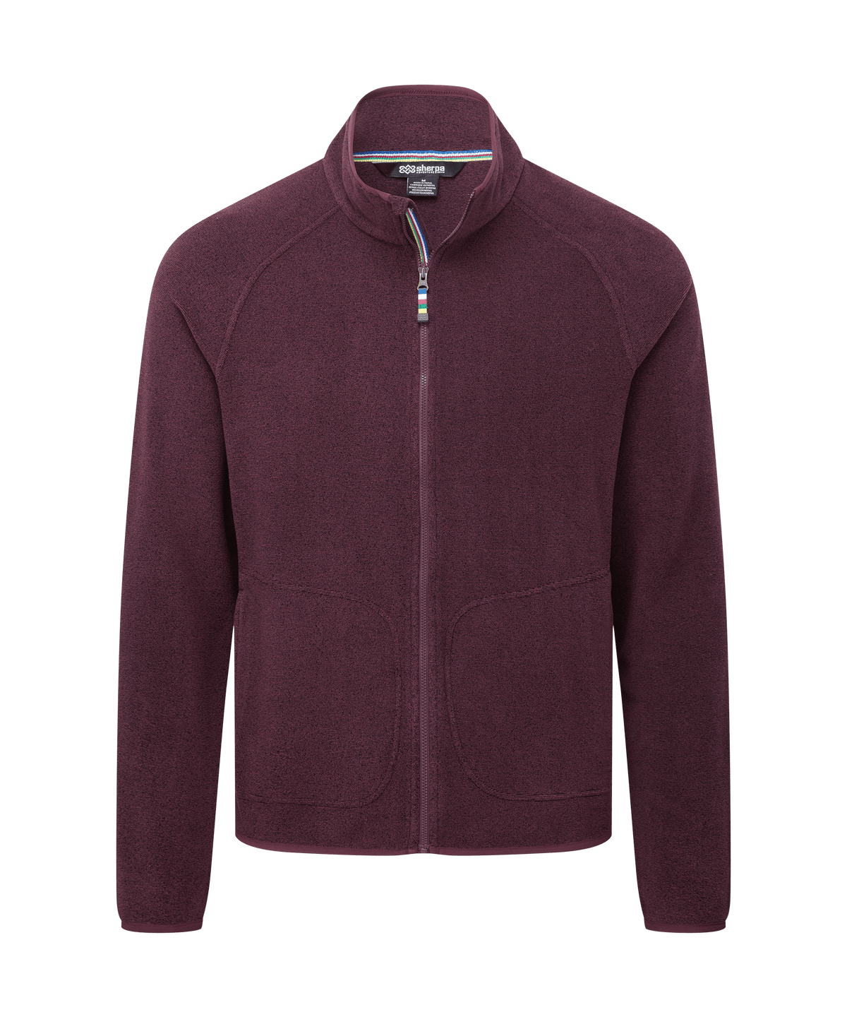 Front view of a men's Sherpa Adventure Gear burgundy full-zip fleece jacket on a white background.