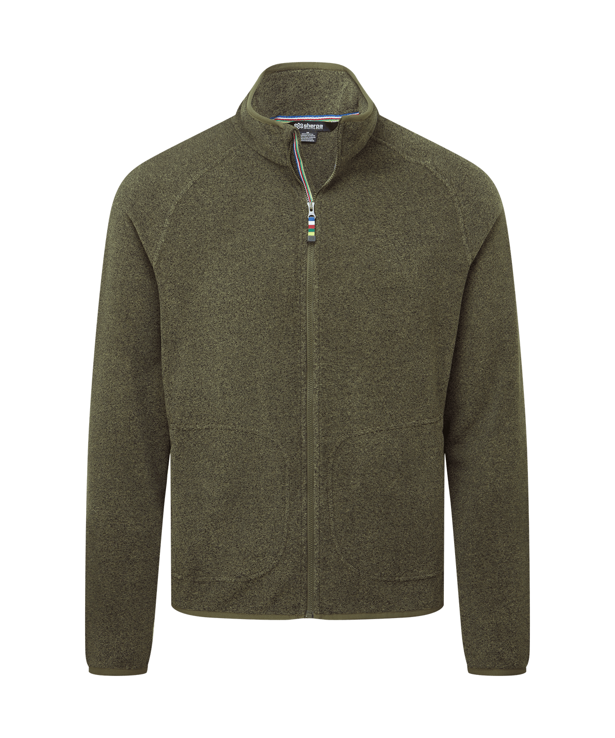 Front view of a men's Sherpa Adventure Gear olive green full-zip fleece jacket displayed.