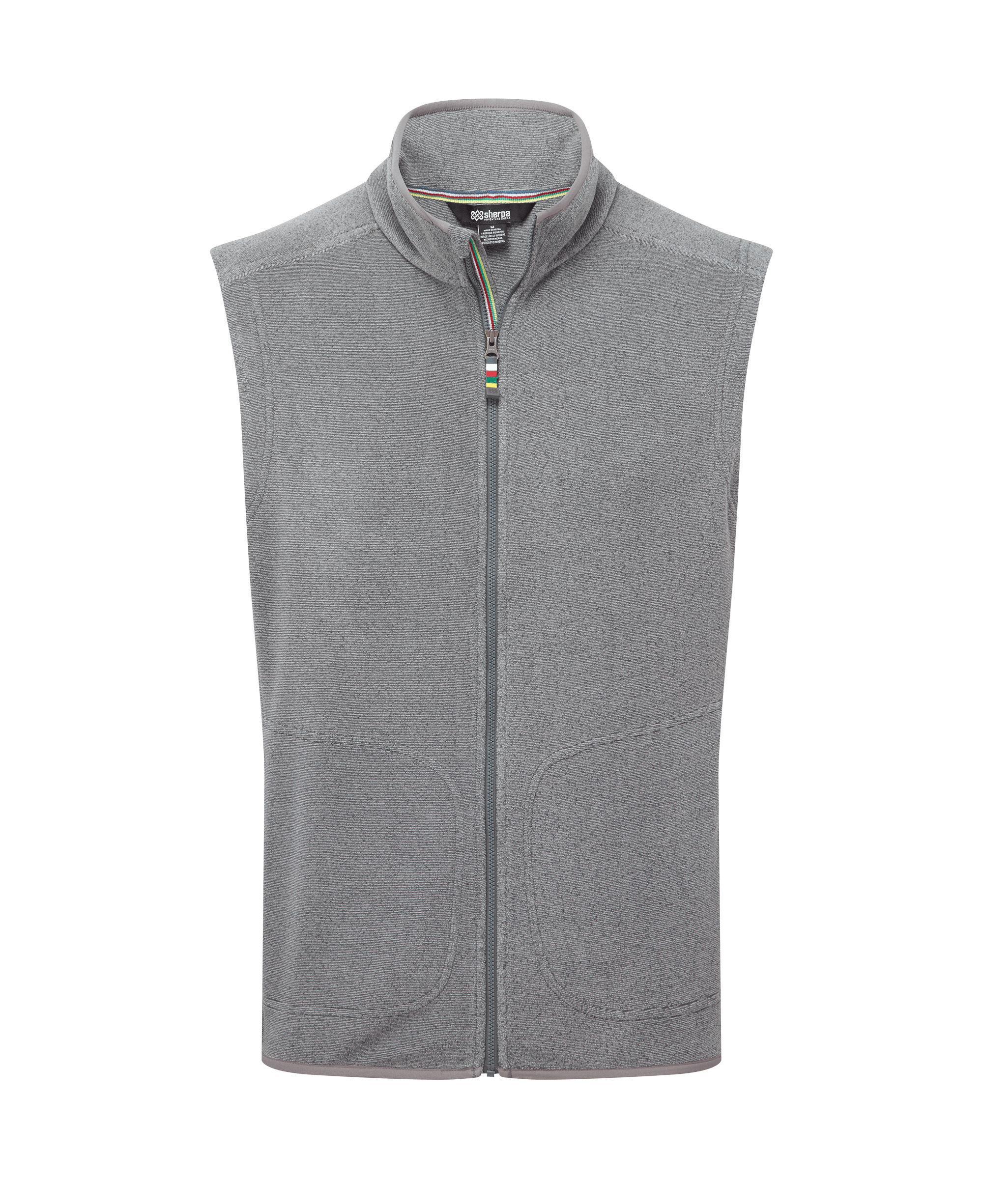 Front view of a men's Sherpa Adventure Gear light grey fleece vest displayed on a white background. Features a full-zip front, stand collar, sleeveless design, and a clean, versatile silhouette suitable for layering in cooler weather.