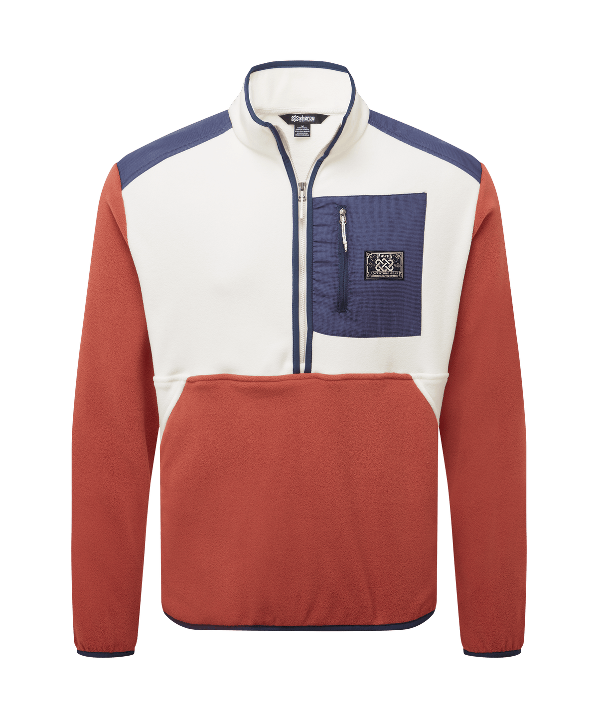 Front view of a men's Sherpa Adventure Gear color-block quarter-zip fleece pullover displayed.