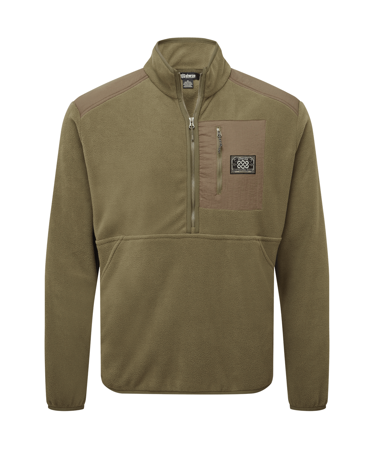 Front view of a men's Sherpa Adventure Gear olive green quarter-zip fleece pullover displayed.