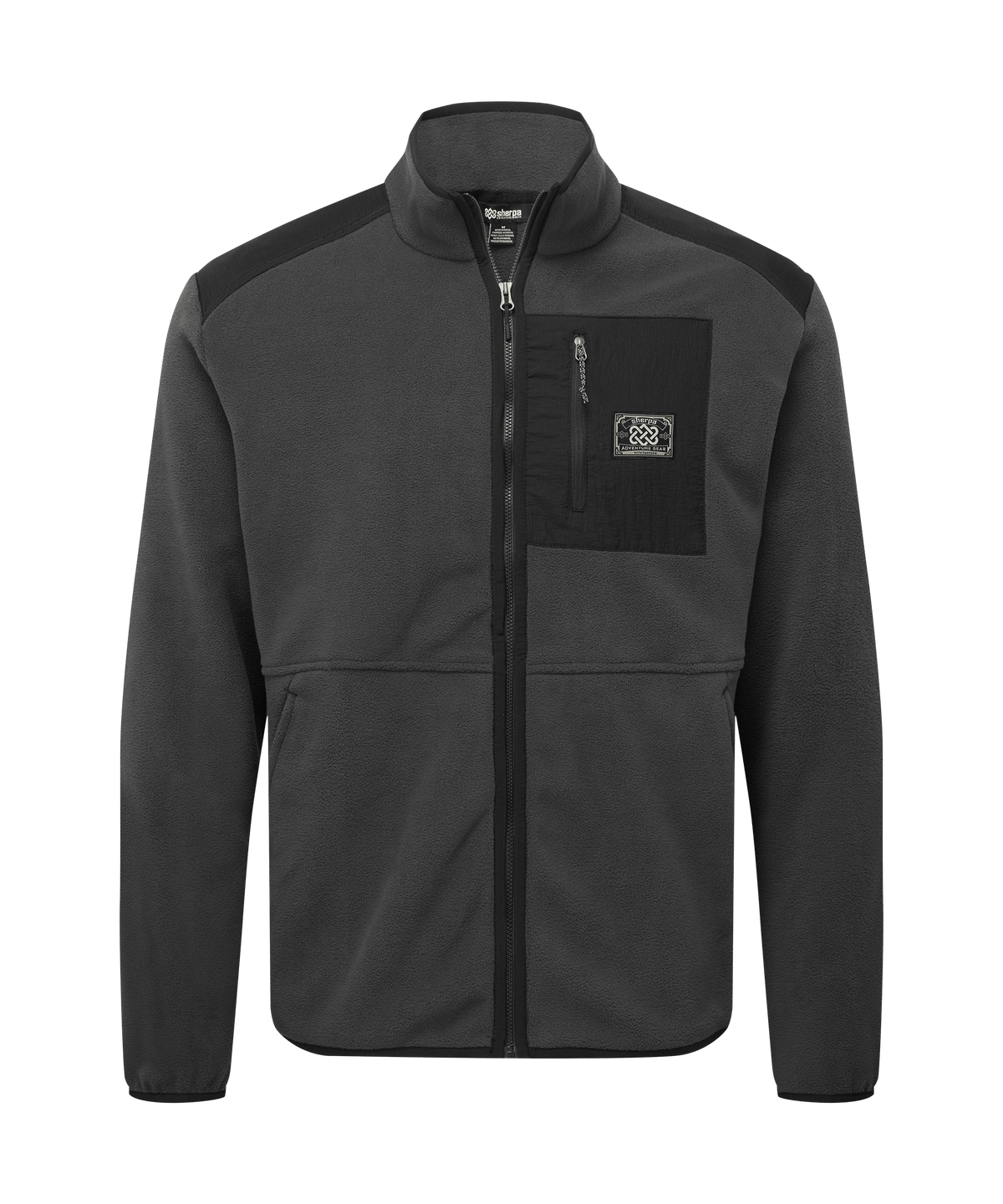 Front view of a men's Sherpa Adventure Gear charcoal and black full-zip fleece jacket displayed.