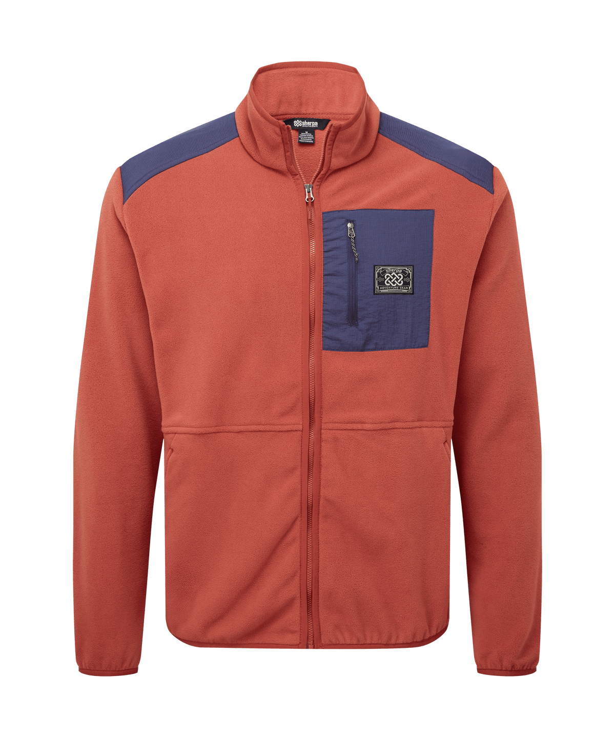 Front view of a men's Sherpa Adventure Gear rust red full-zip fleece jacket on a white background.