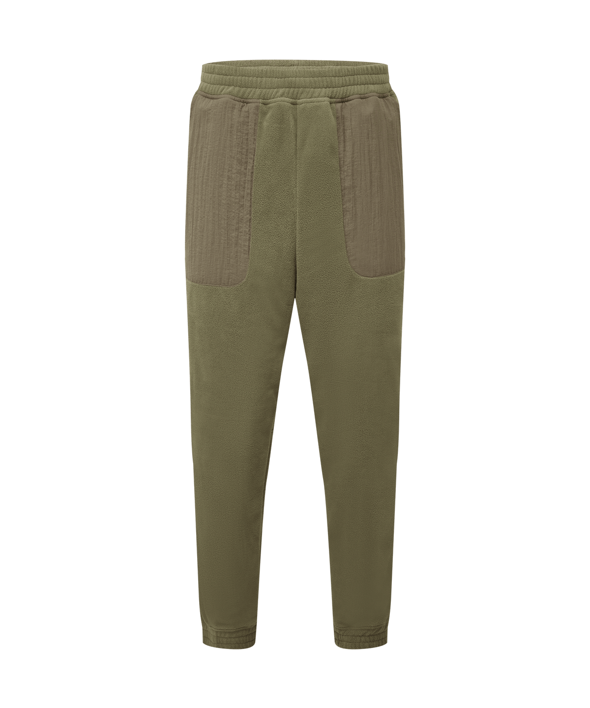 Front view of men's Sherpa Adventure Gear olive green fleece jogger pants on a white background.