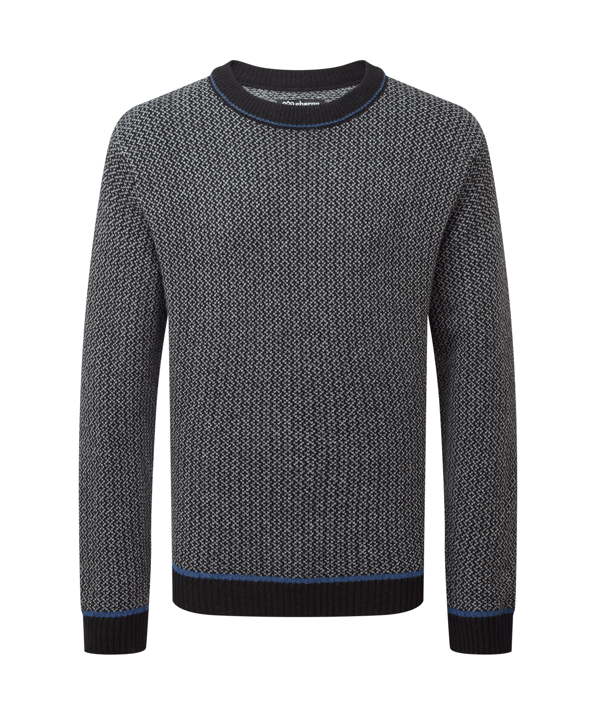Front view of a men's Sherpa Adventure Gear dark grey knit crew neck sweater on a white background.